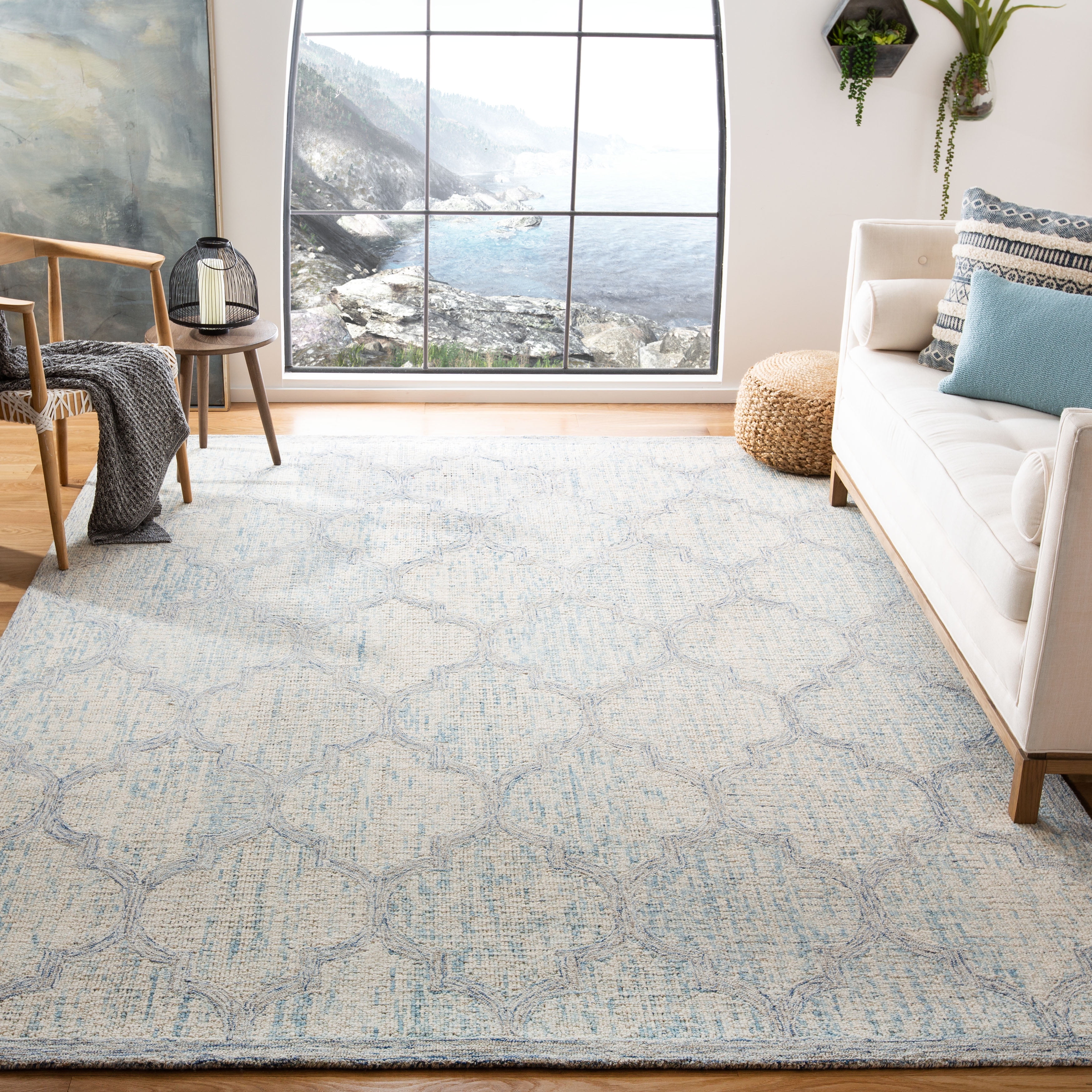 SAFAVIEH Abstract Clarette Geometric Wool Area Rug, Ivory/Light Blue, 9' x 12'