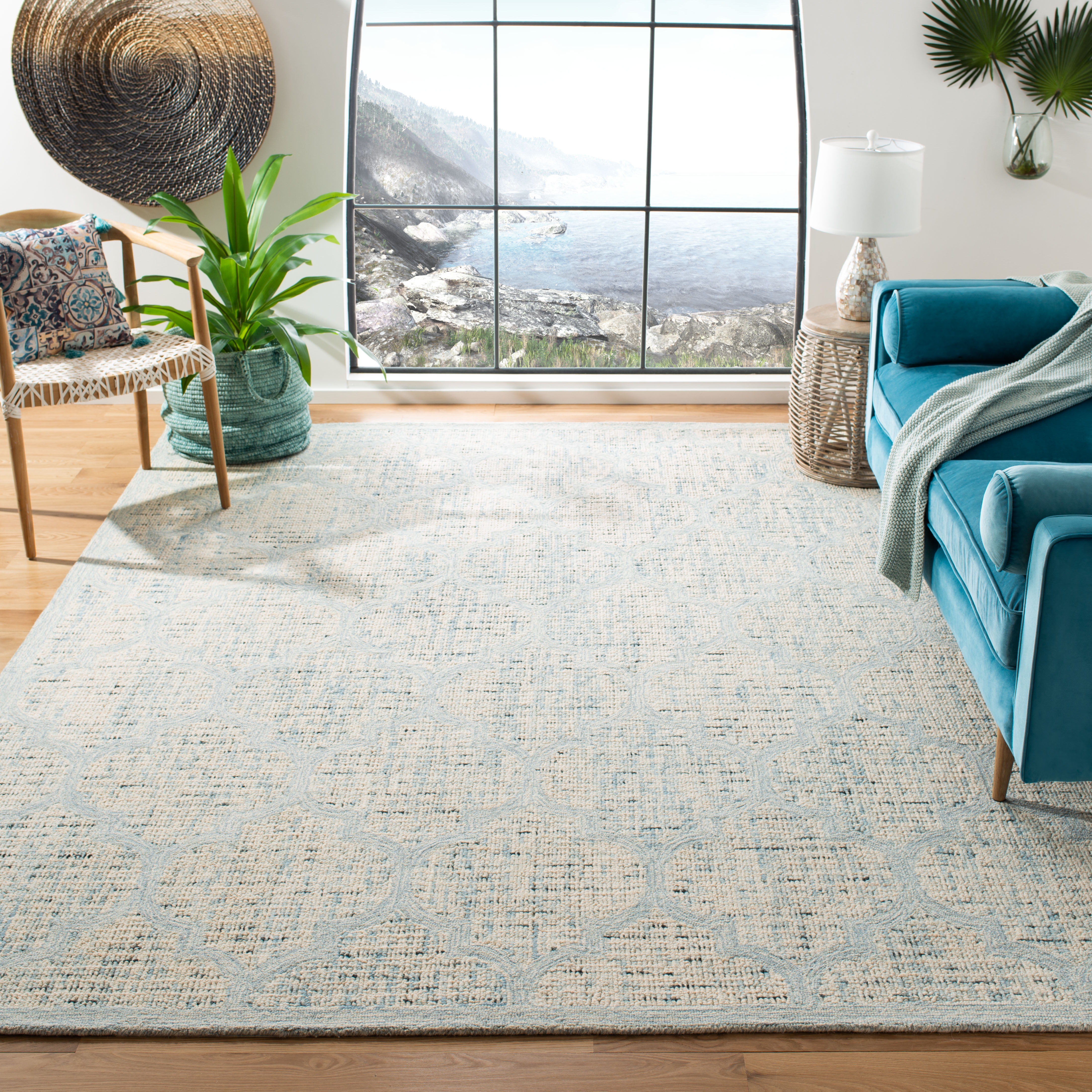 SAFAVIEH Abstract Clarette Geometric Wool Area Rug, Ivory/Turquoise, 10' x 14'