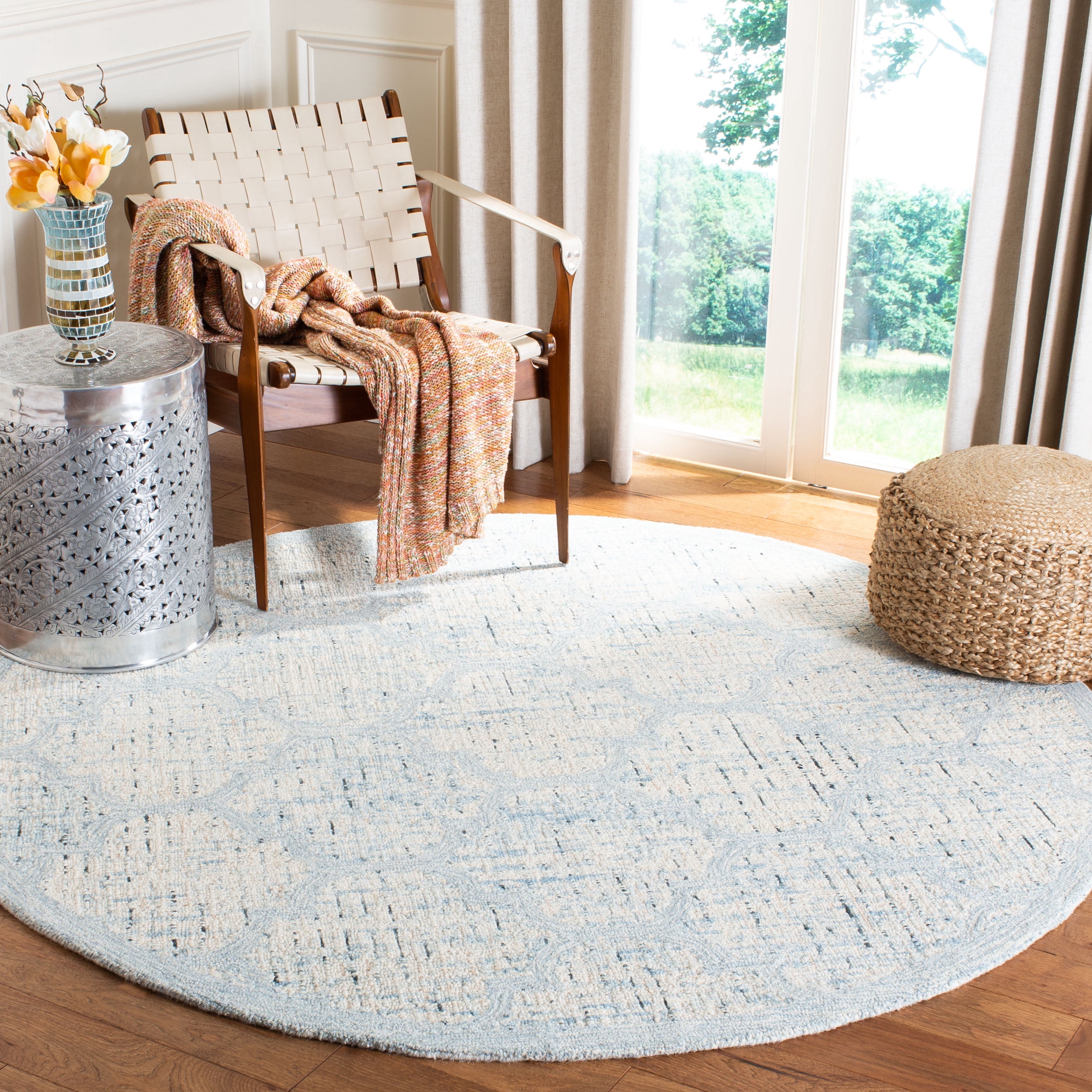 SAFAVIEH Abstract Clarette Geometric Wool Area Rug, Ivory/Turquoise, 6' x 6' Round