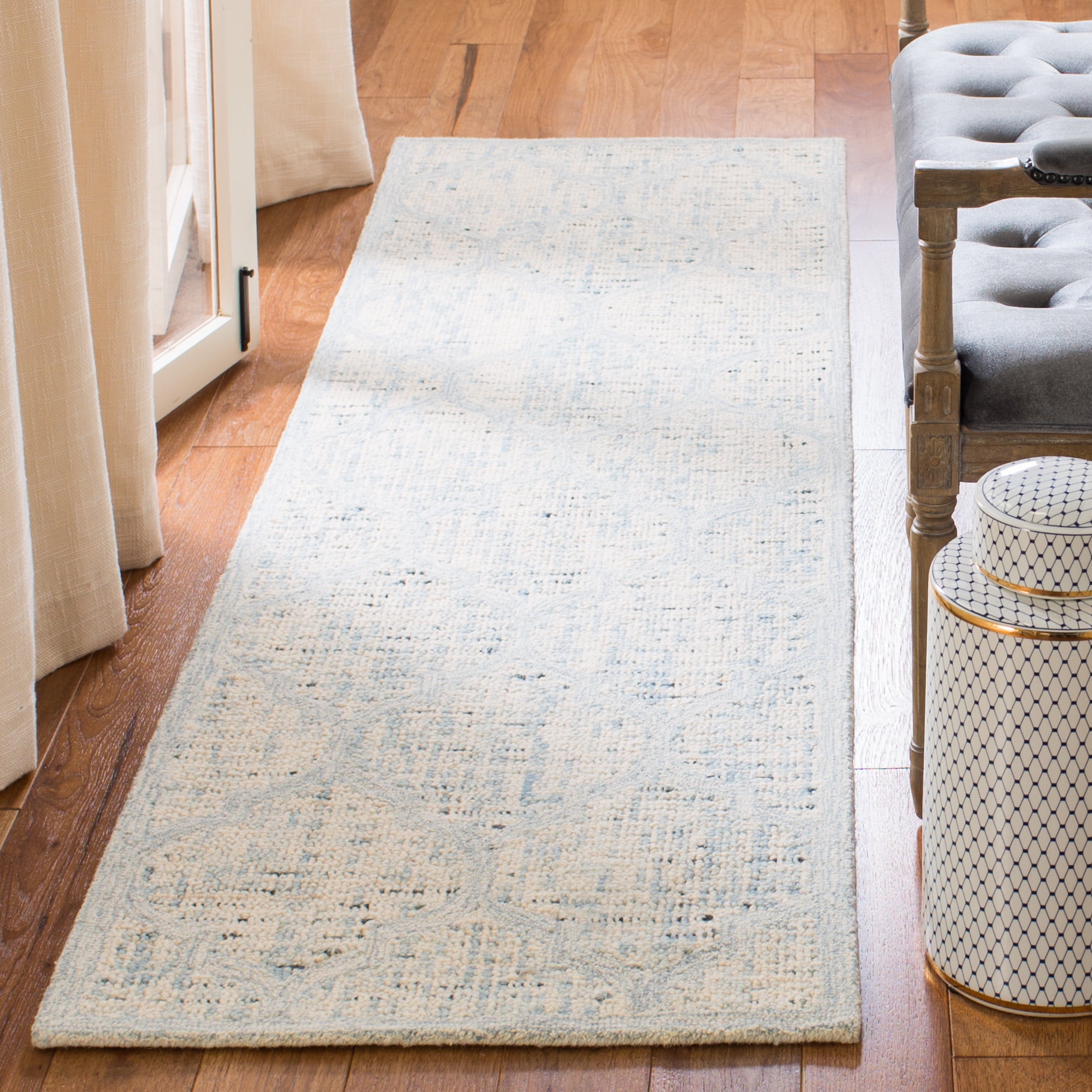 SAFAVIEH Abstract Clarette Geometric Wool Runner Rug, Ivory/Turquoise, 2'3" x 8'