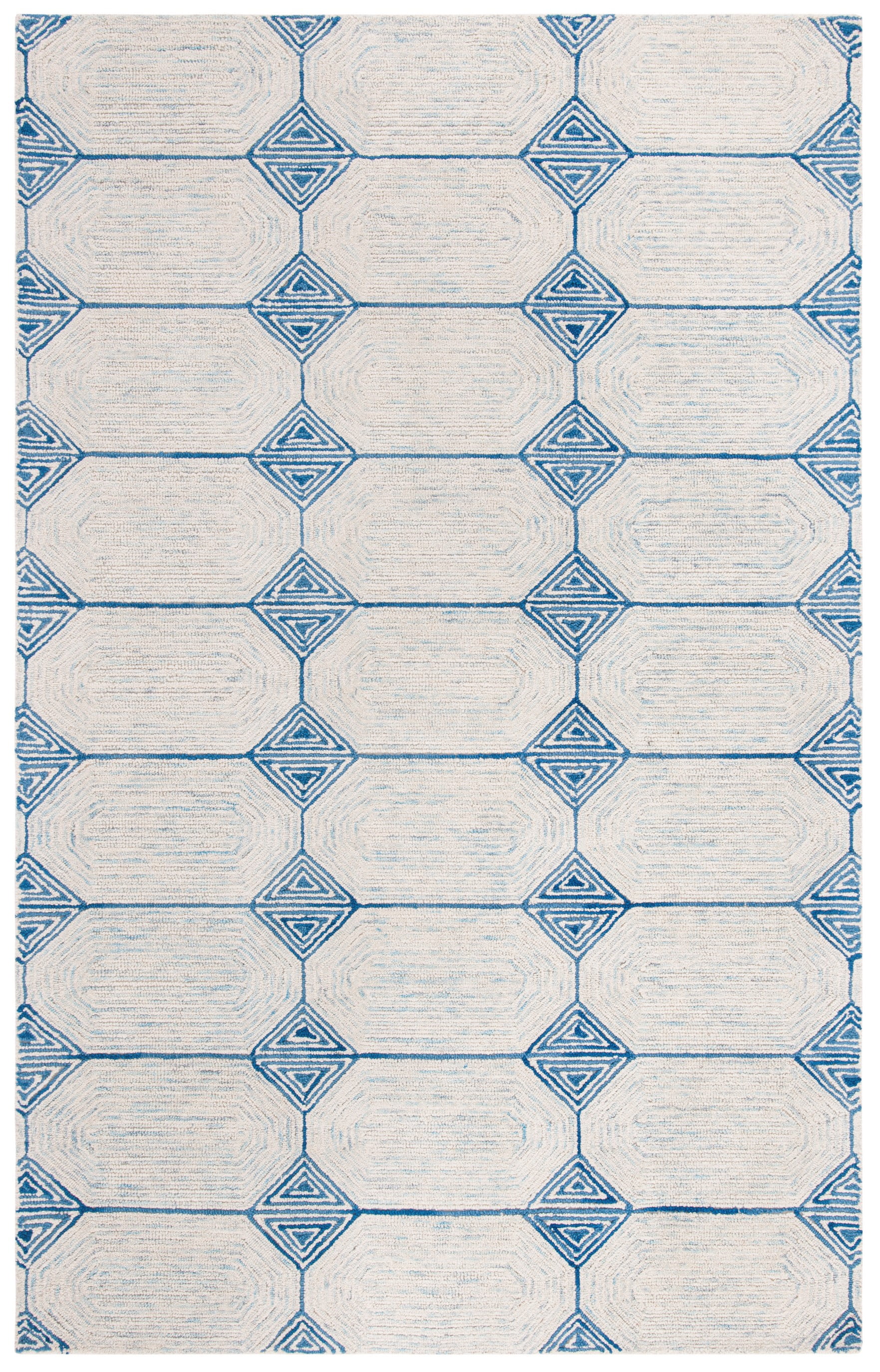 Ivory and Blue Handmade Abstract Wool Rug, 4' x 6'