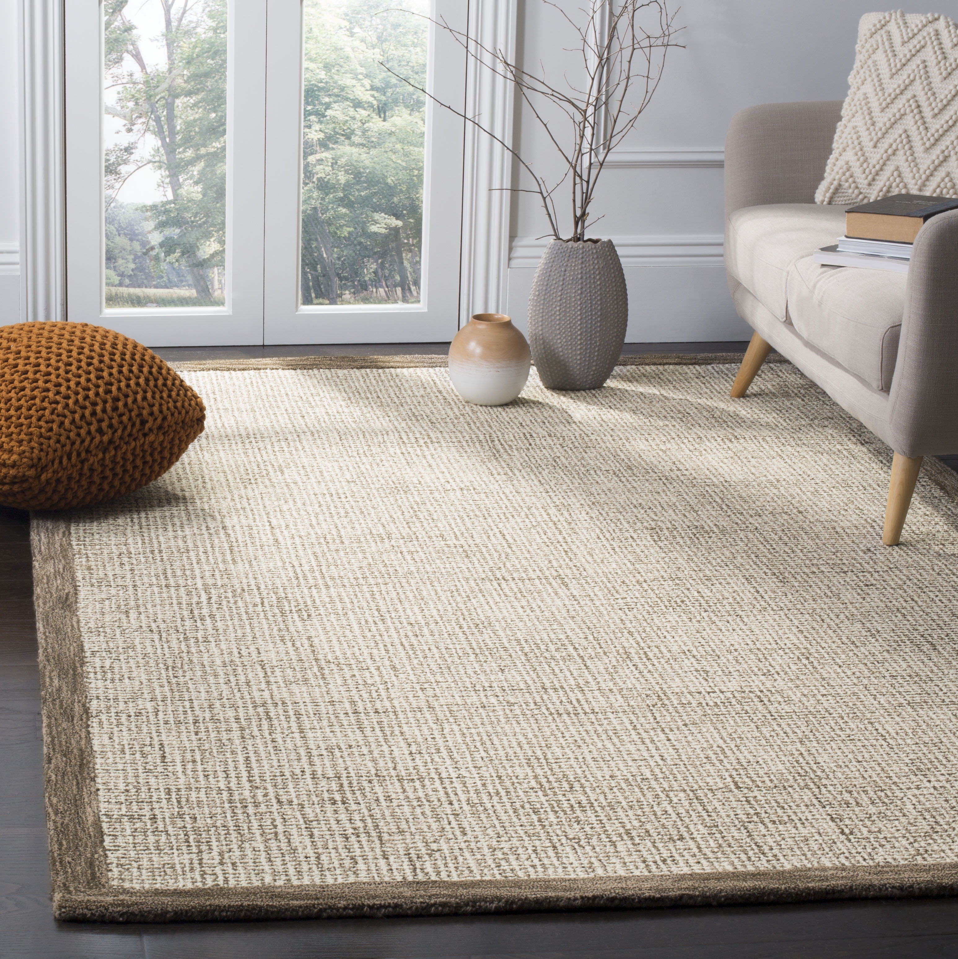 Ivory and Brown Handmade Wool Tufted Square Area Rug
