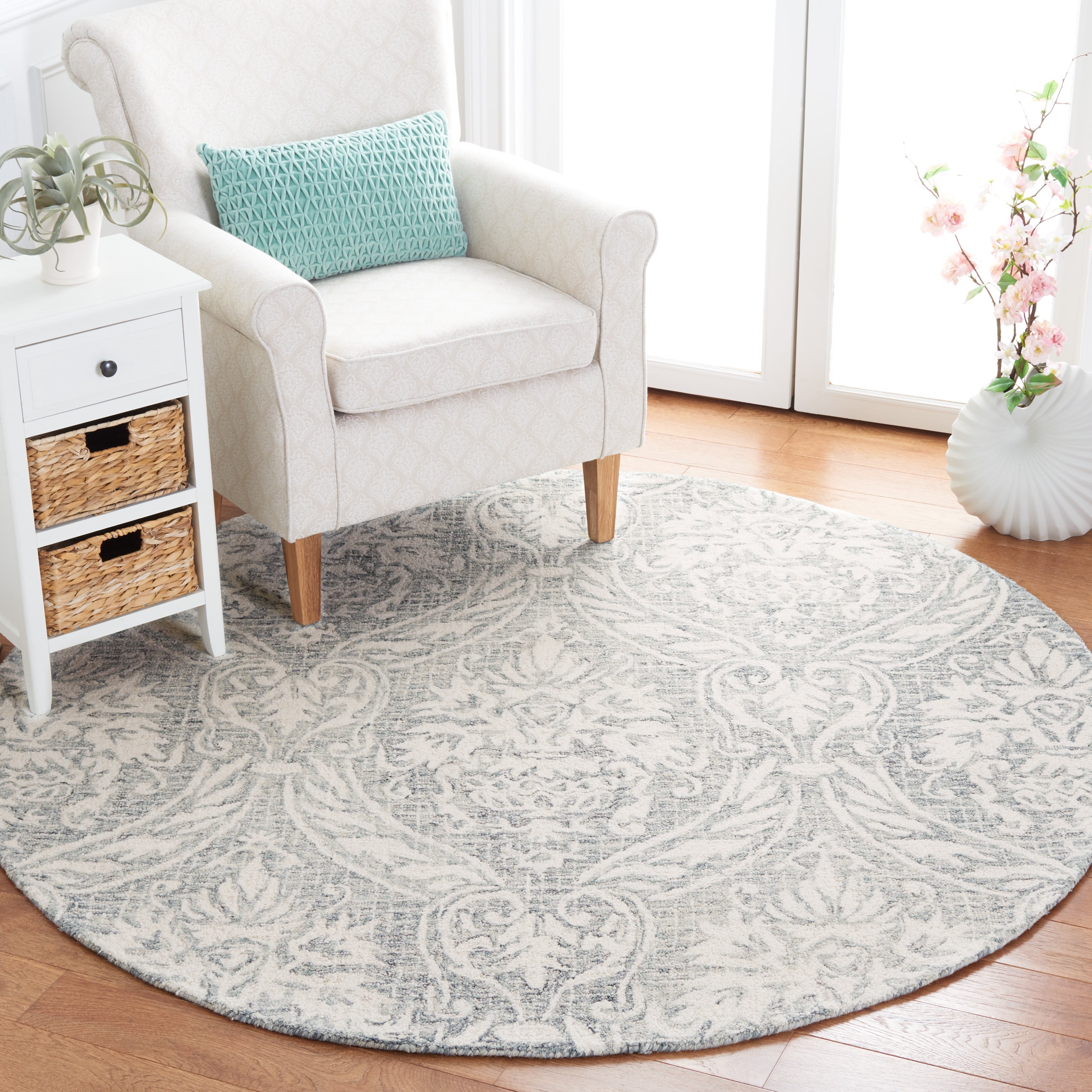 SAFAVIEH Abstract Constantine Damask Wool Area Rug, Ivory/Gray, 6' x 6' Round
