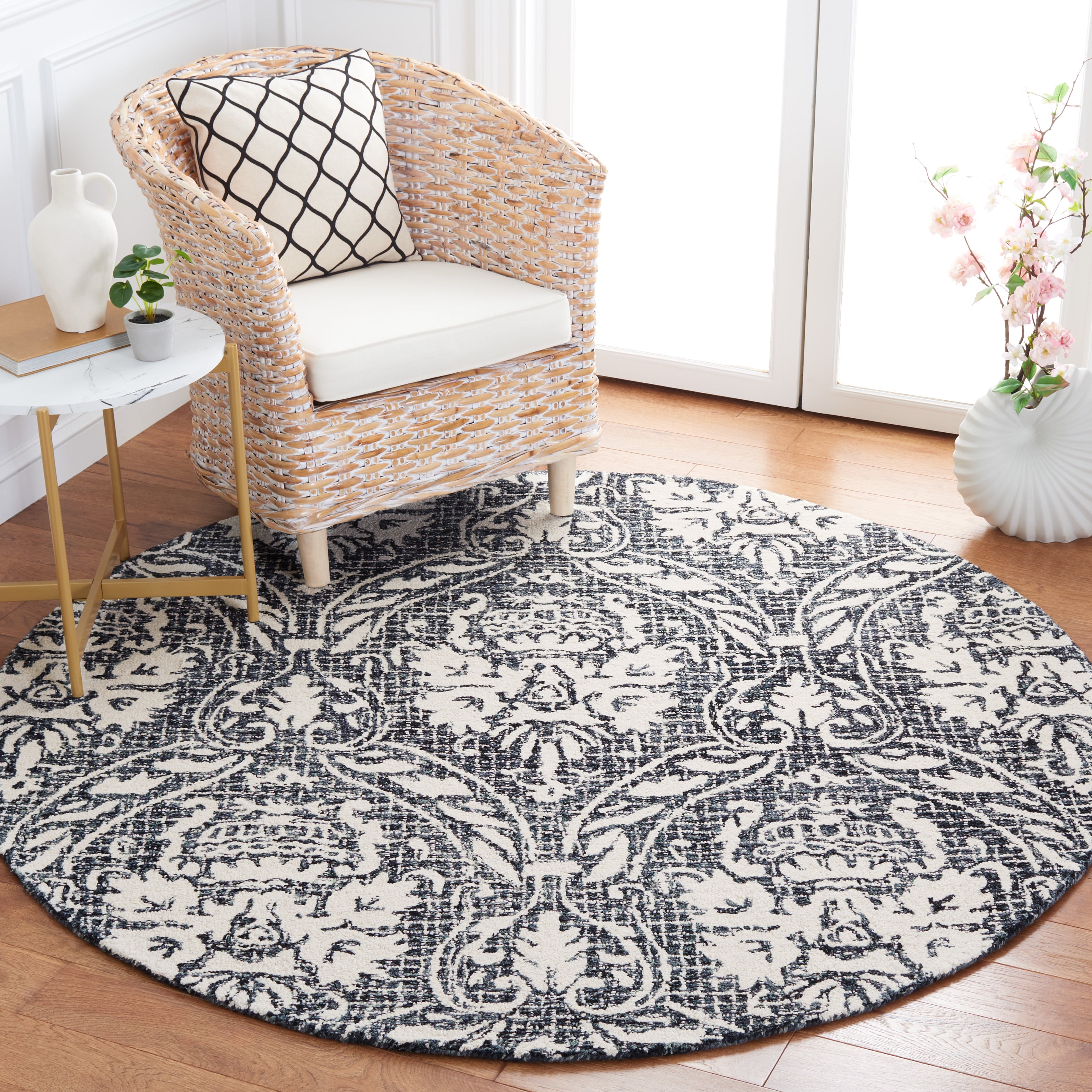 SAFAVIEH Abstract Constantine Damask Wool Area Rug, Ivory/Navy, 6' x 6' Round