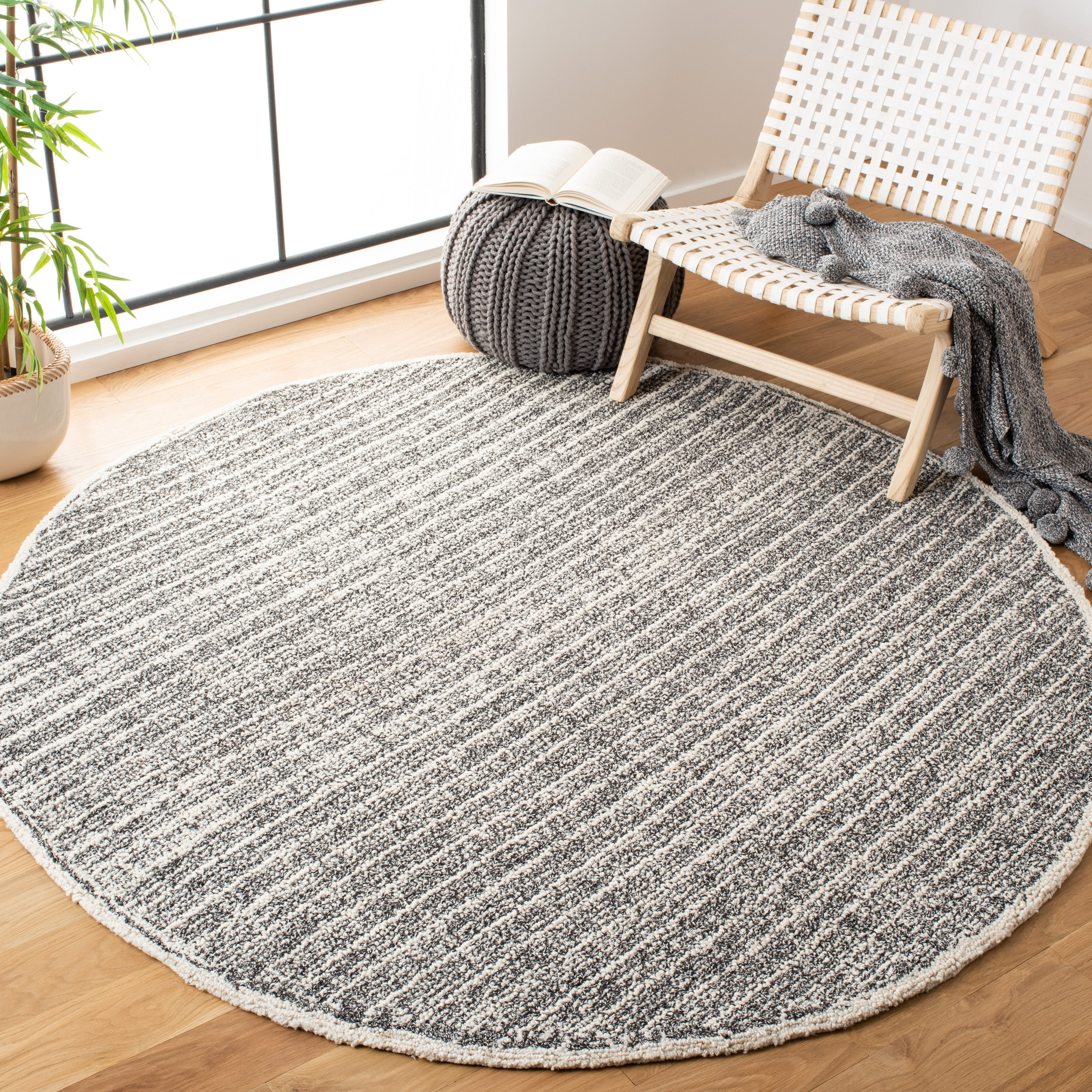 SAFAVIEH Abstract Dani Striped Area Rug, Ivory/Black, 6' x 6' Round