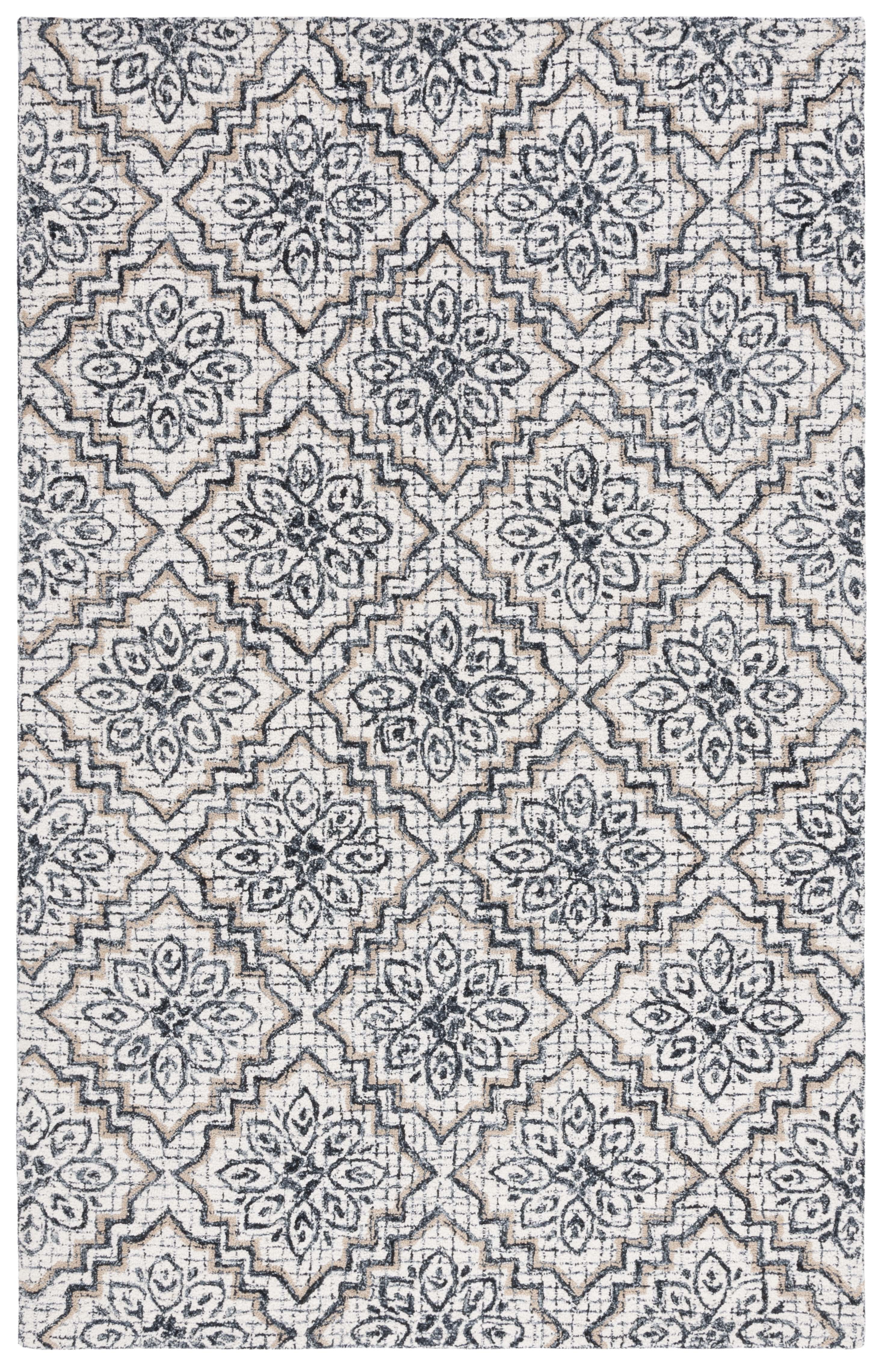 Ivory and Navy Abstract Handmade Wool Area Rug