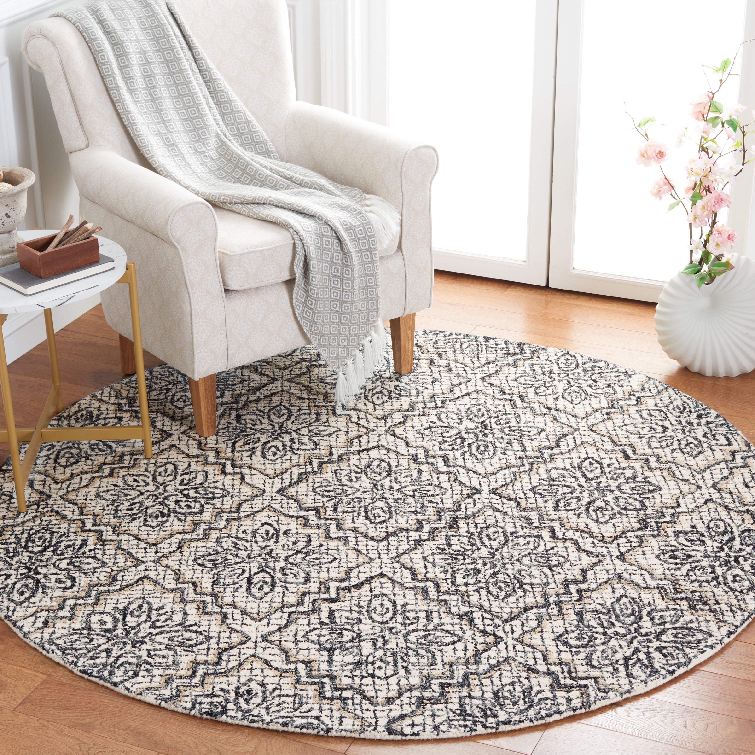 SAFAVIEH Abstract Drew Abstract Wool Area Rug, Ivory/Navy, 6' x 6' Round