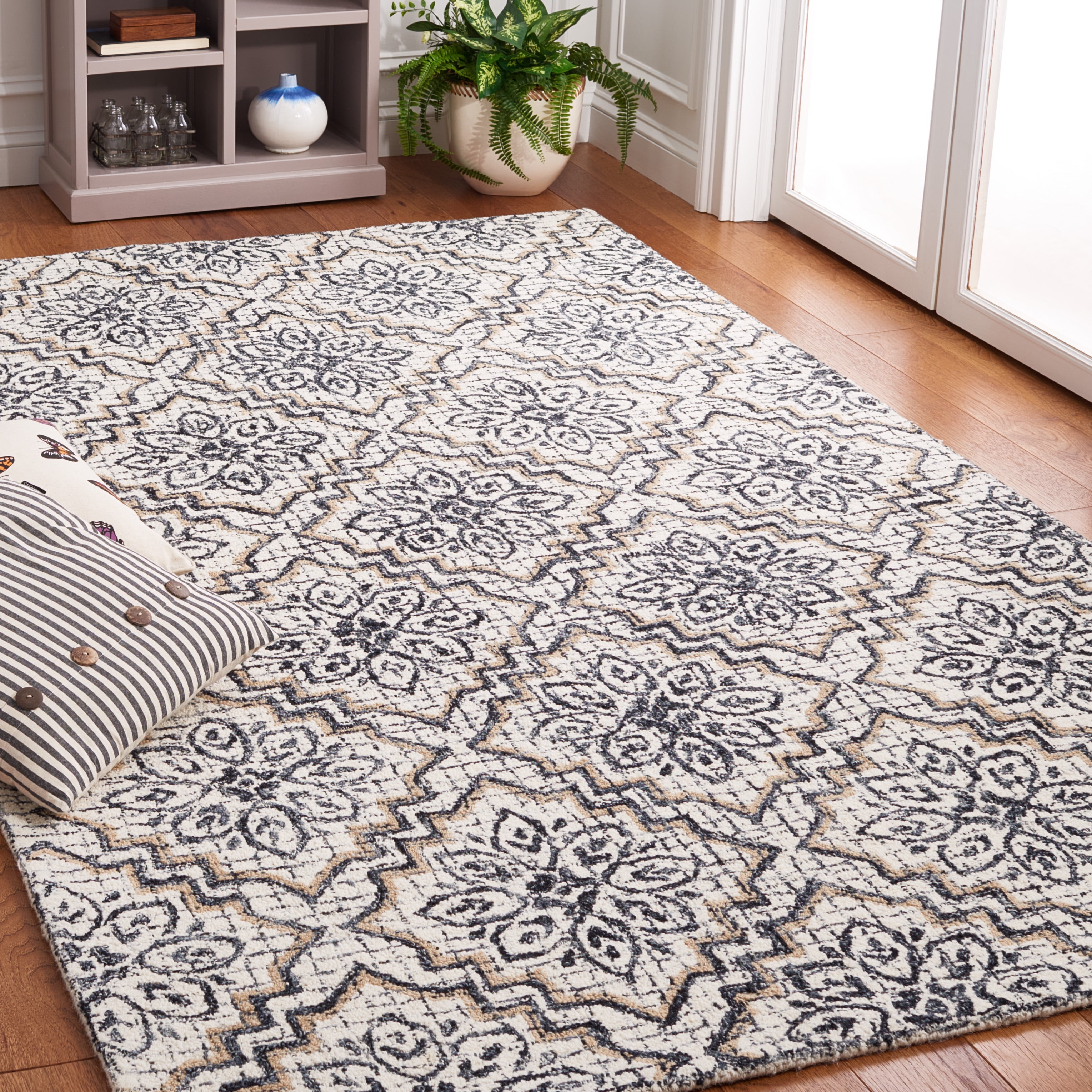 SAFAVIEH Abstract Drew Abstract Wool Area Rug, Ivory/Navy, 6' x 6' Square