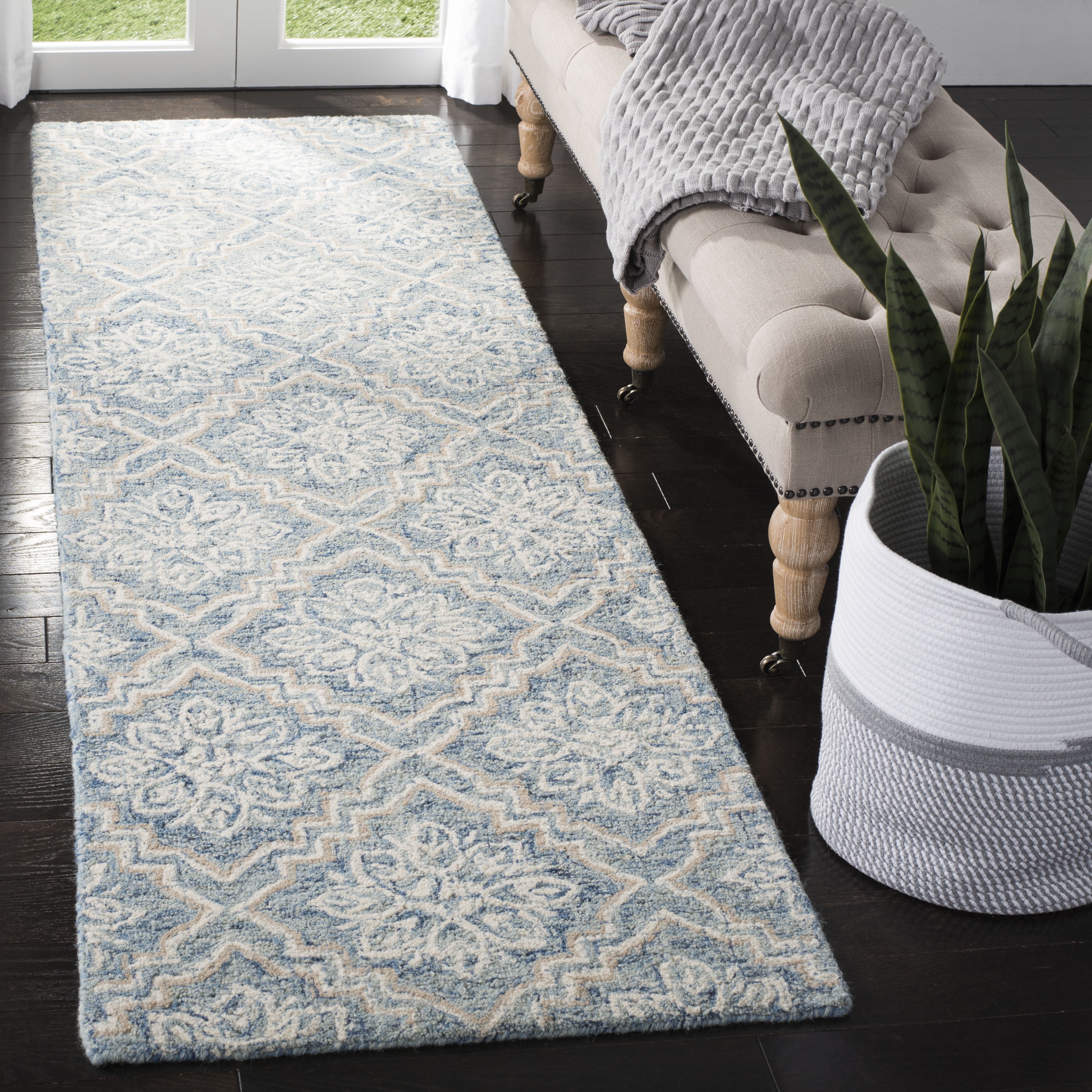 Hand-Tufted Abstract Blue Wool Runner Rug - 27" x 6"