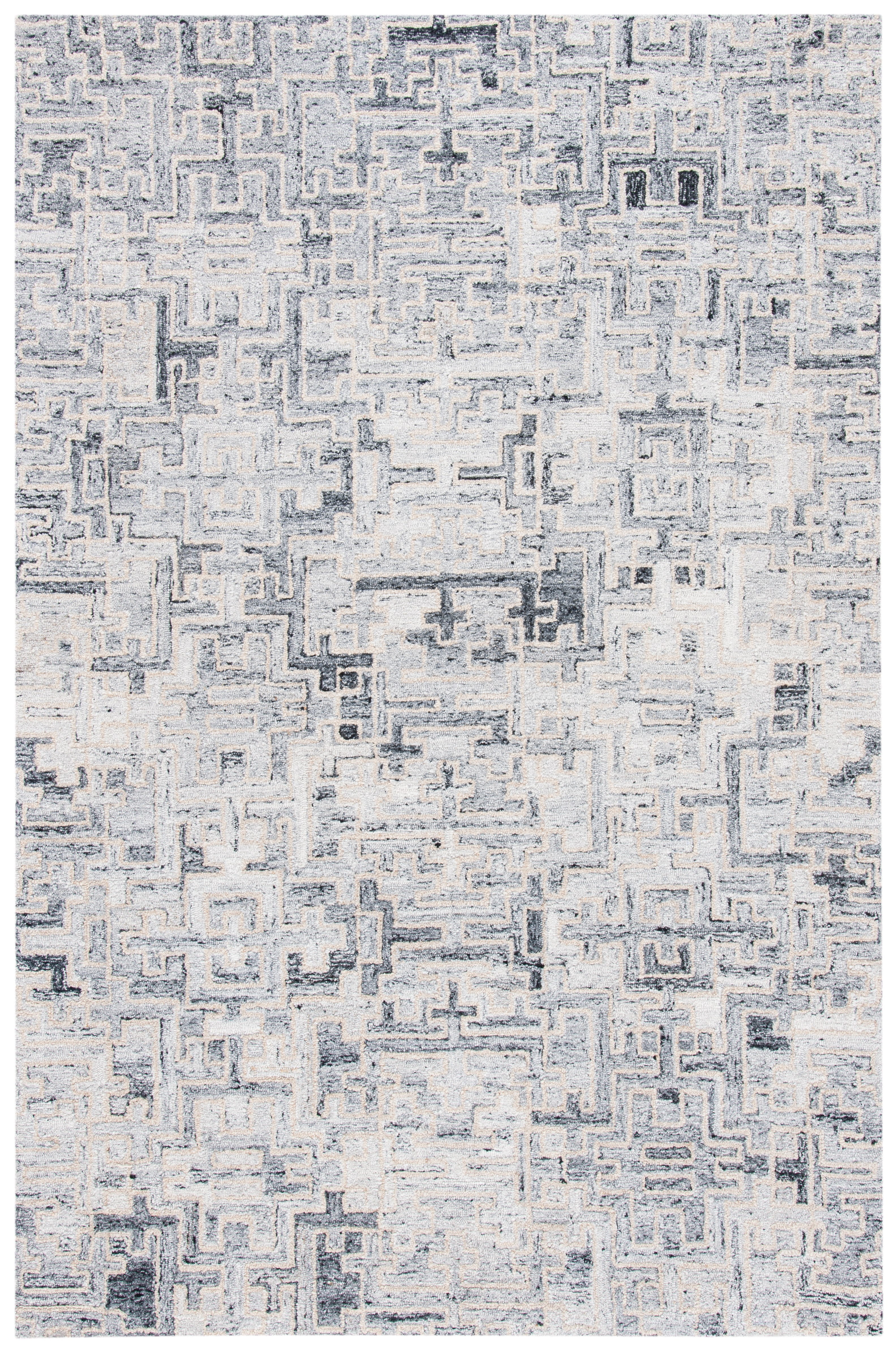Ivory and Black Abstract Wool Area Rug, 5' x 8'