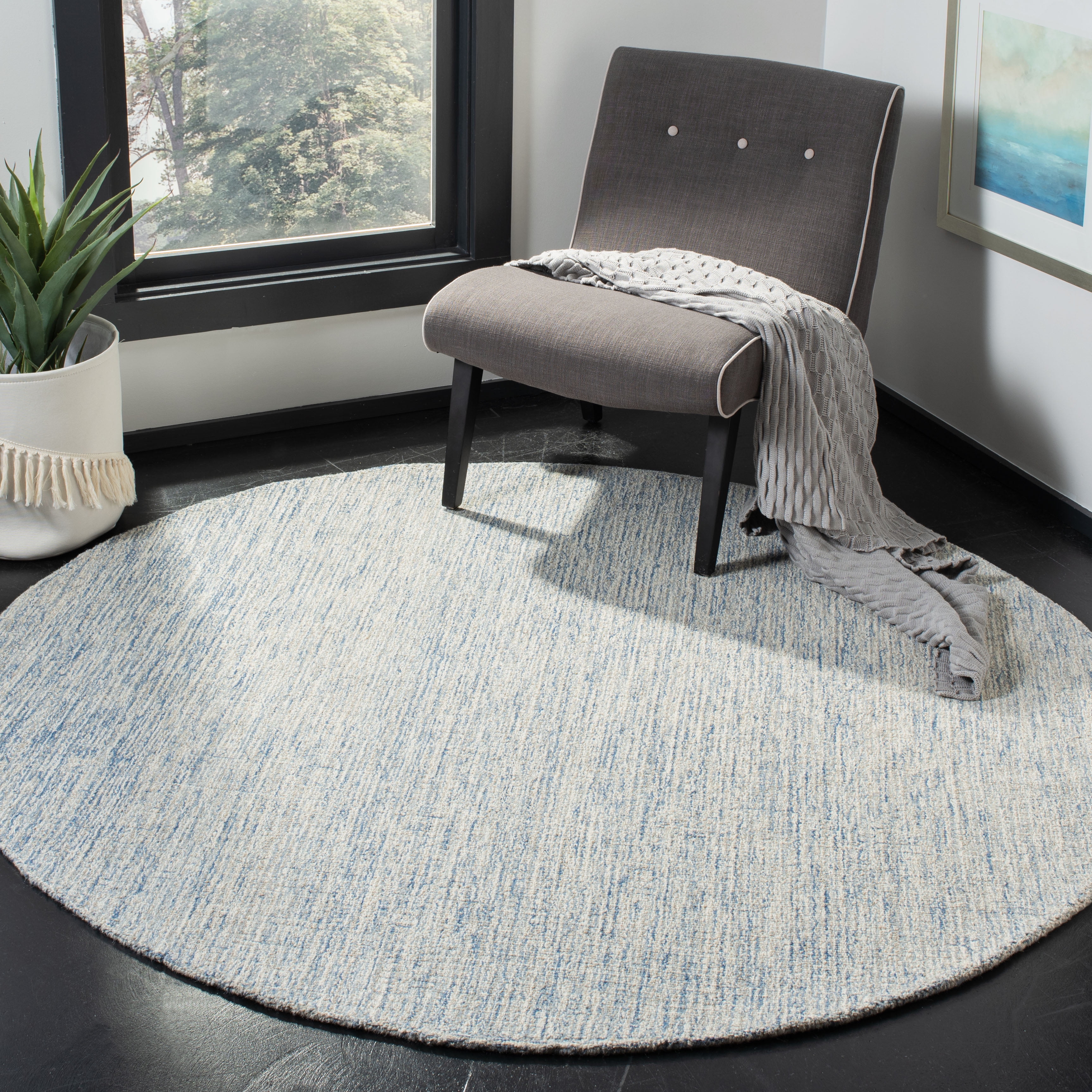 SAFAVIEH Abstract Emely Abstract Wool Area Rug, Ivory/Blue, 6' x 6' Round