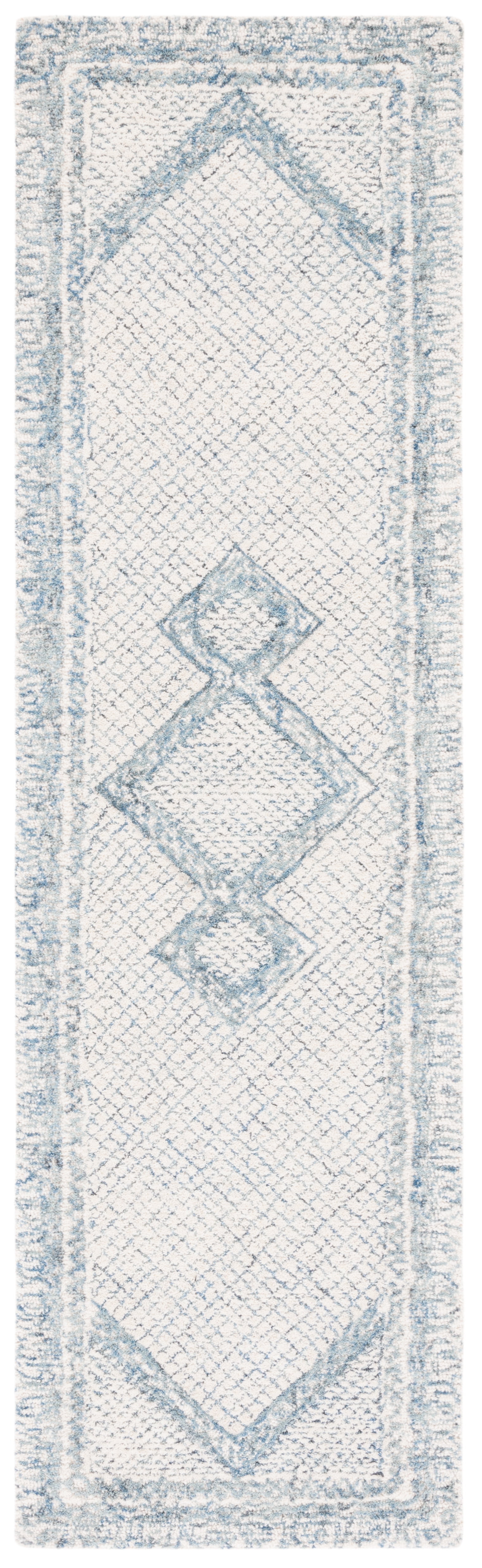 Ivory and Blue Hand Tufted Wool Runner Rug