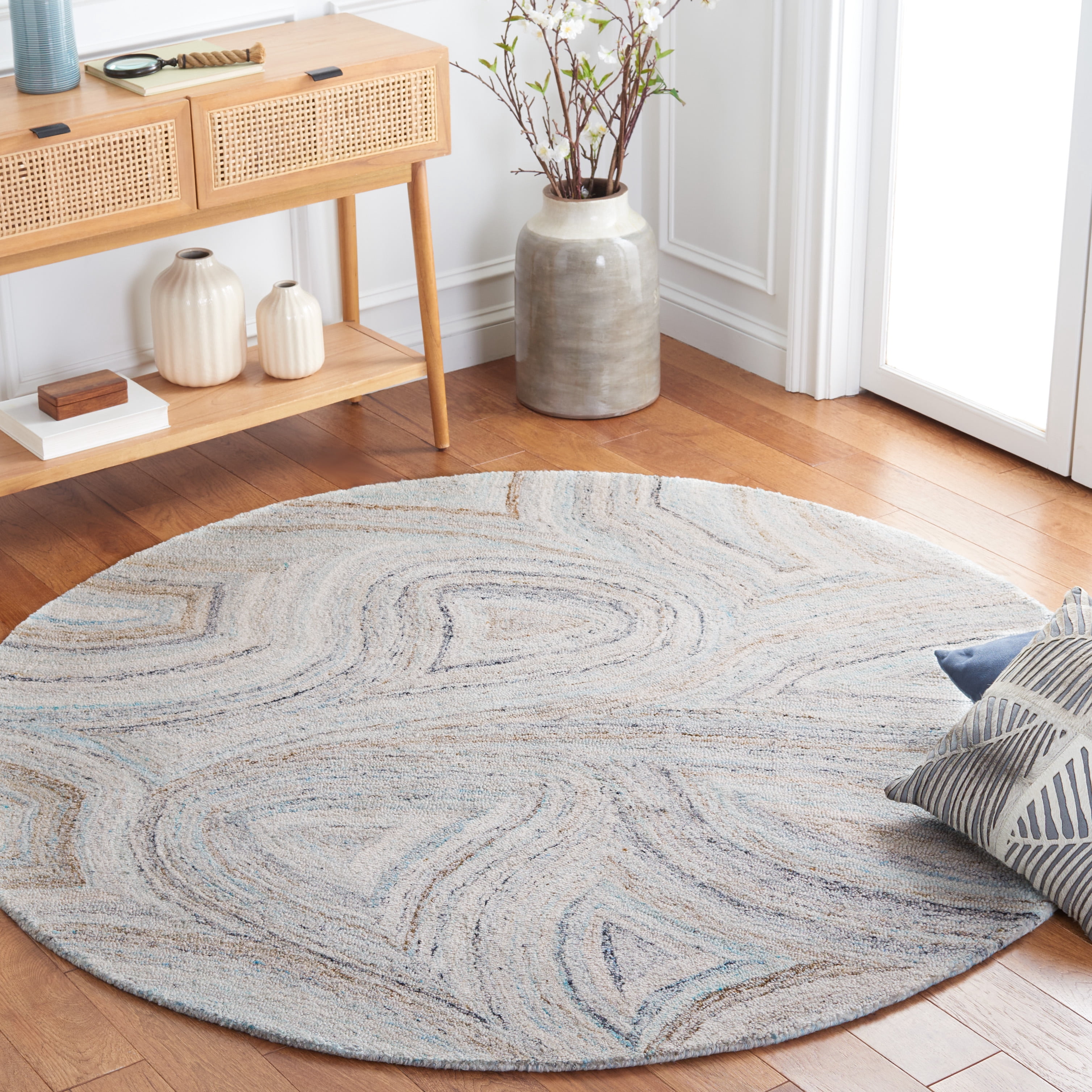 SAFAVIEH Abstract Hypatia Swirls Area Rug, Beige/Blue, 6' x 6' Round