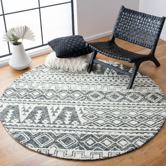 SAFAVIEH Abstract Jacinda Geometric Wool Area Rug, Ivory/Black, 6' x 6' Round