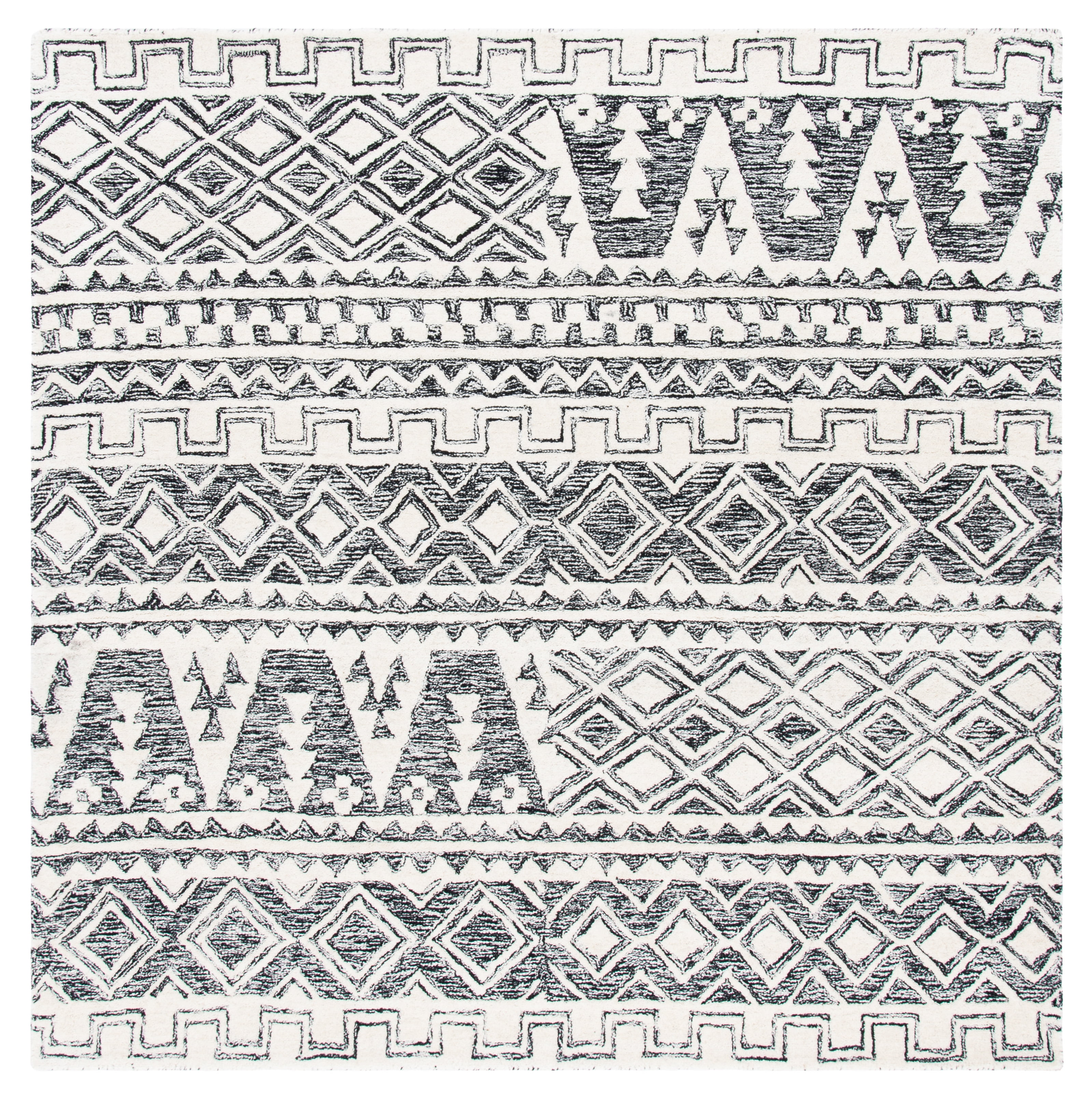 Handmade Wool Abstract Black and Ivory 6' Square Tufted Rug