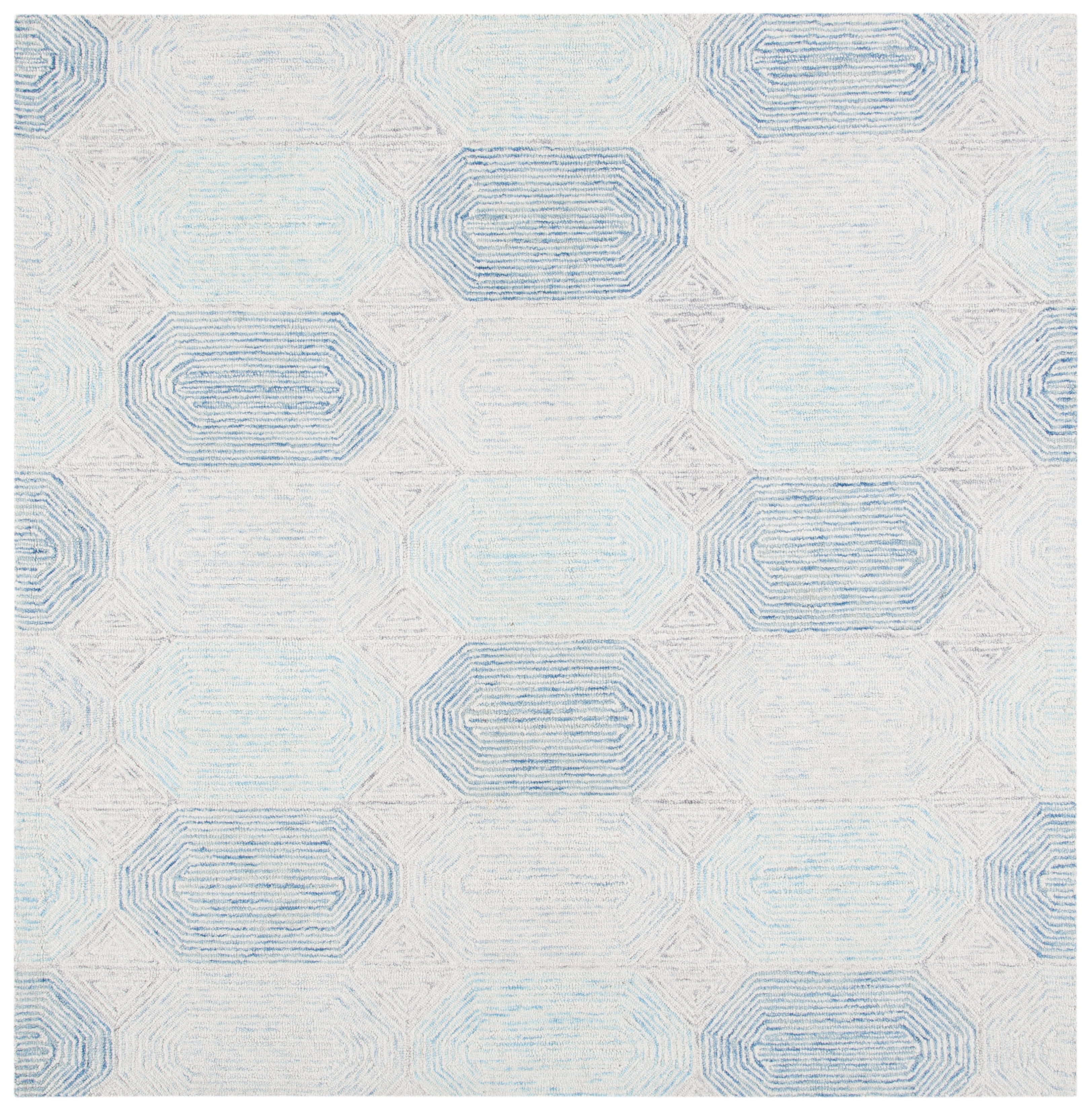 Ivory and Blue Handmade Wool Abstract Square Rug