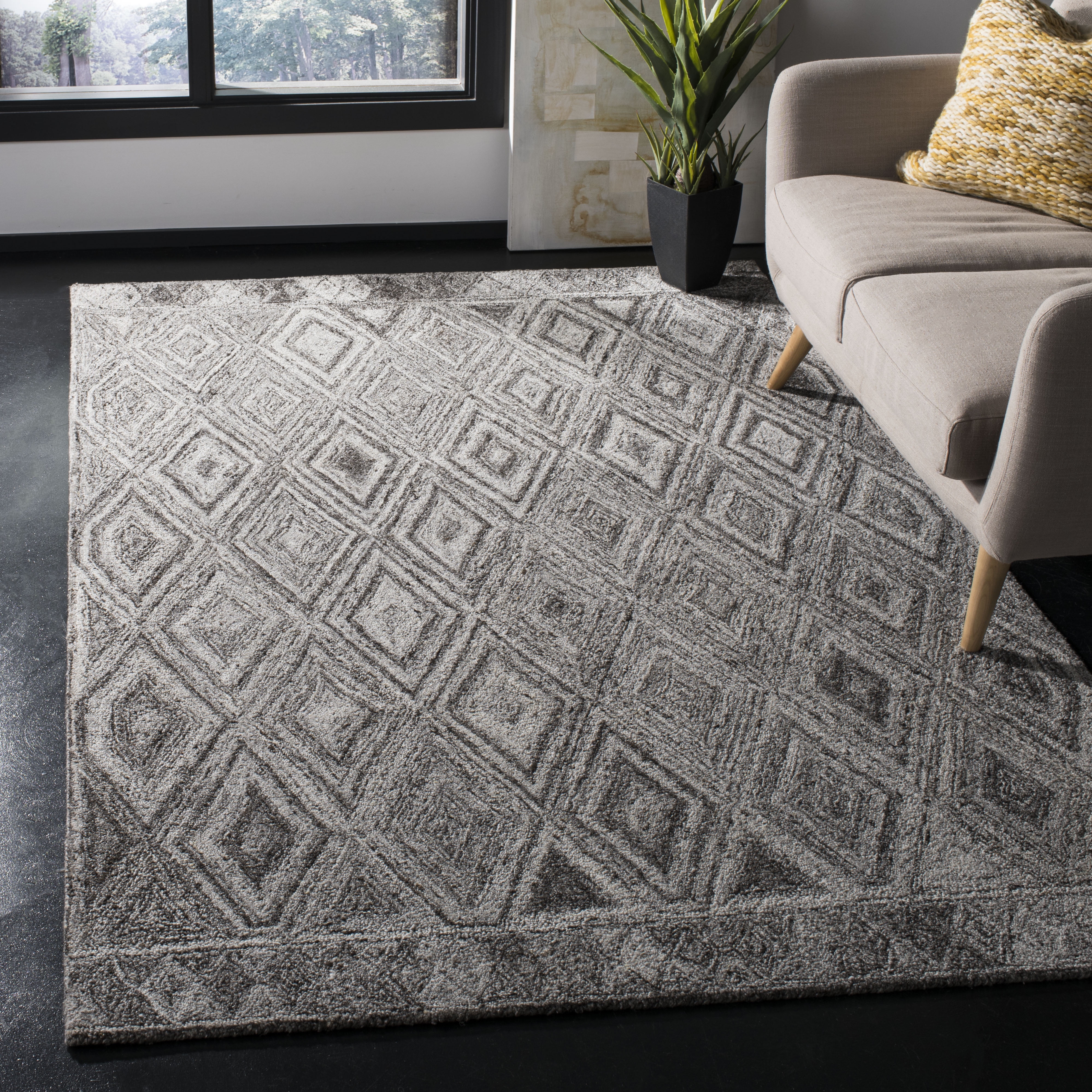 Grey and Black Hand-Tufted Wool Abstract Area Rug