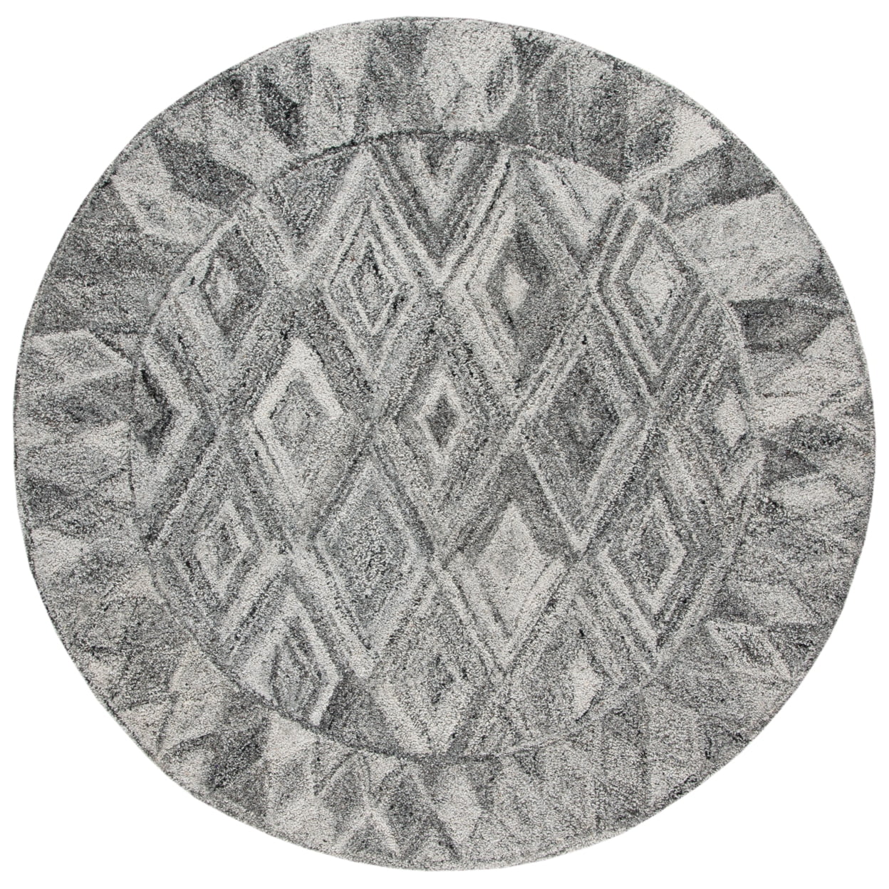 Handmade Round Grey and Black Wool Abstract Area Rug, 6' x 6'