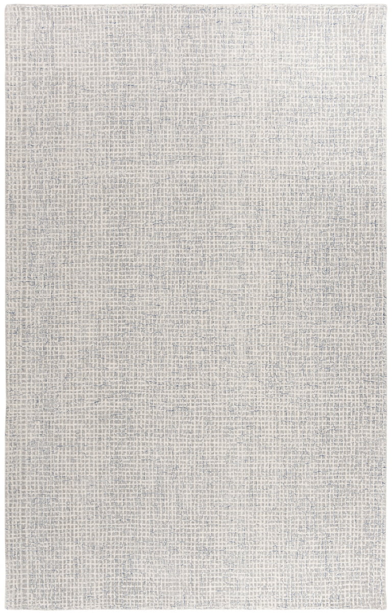 Minimalist Silver and Blue Tufted Wool Abstract Area Rug - 5' x 8'