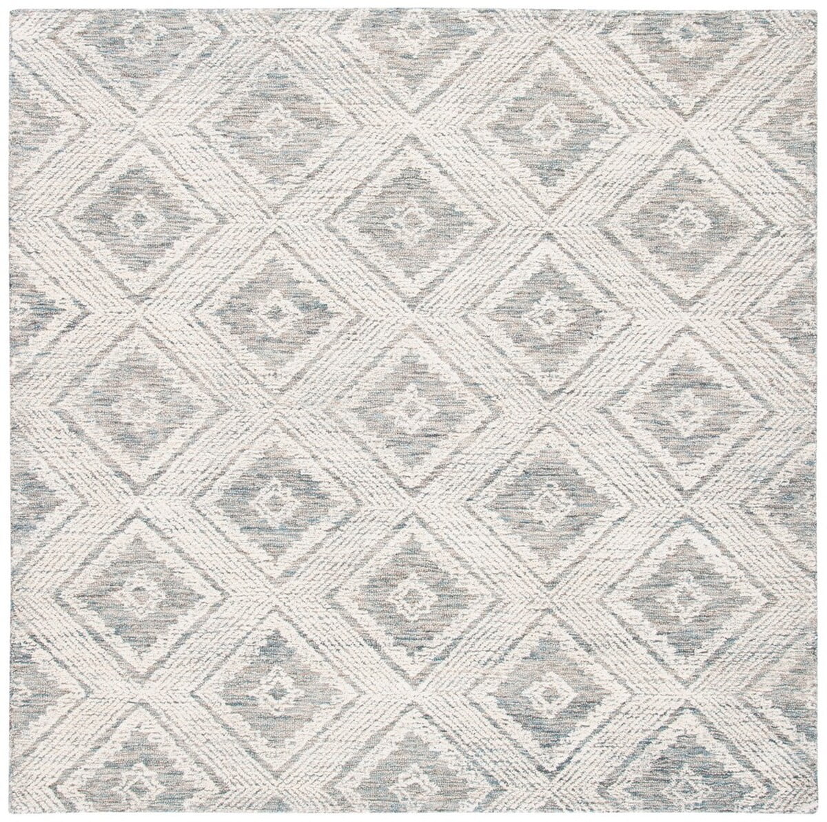 Ivory and Denim Abstract Tufted Wool Square Area Rug