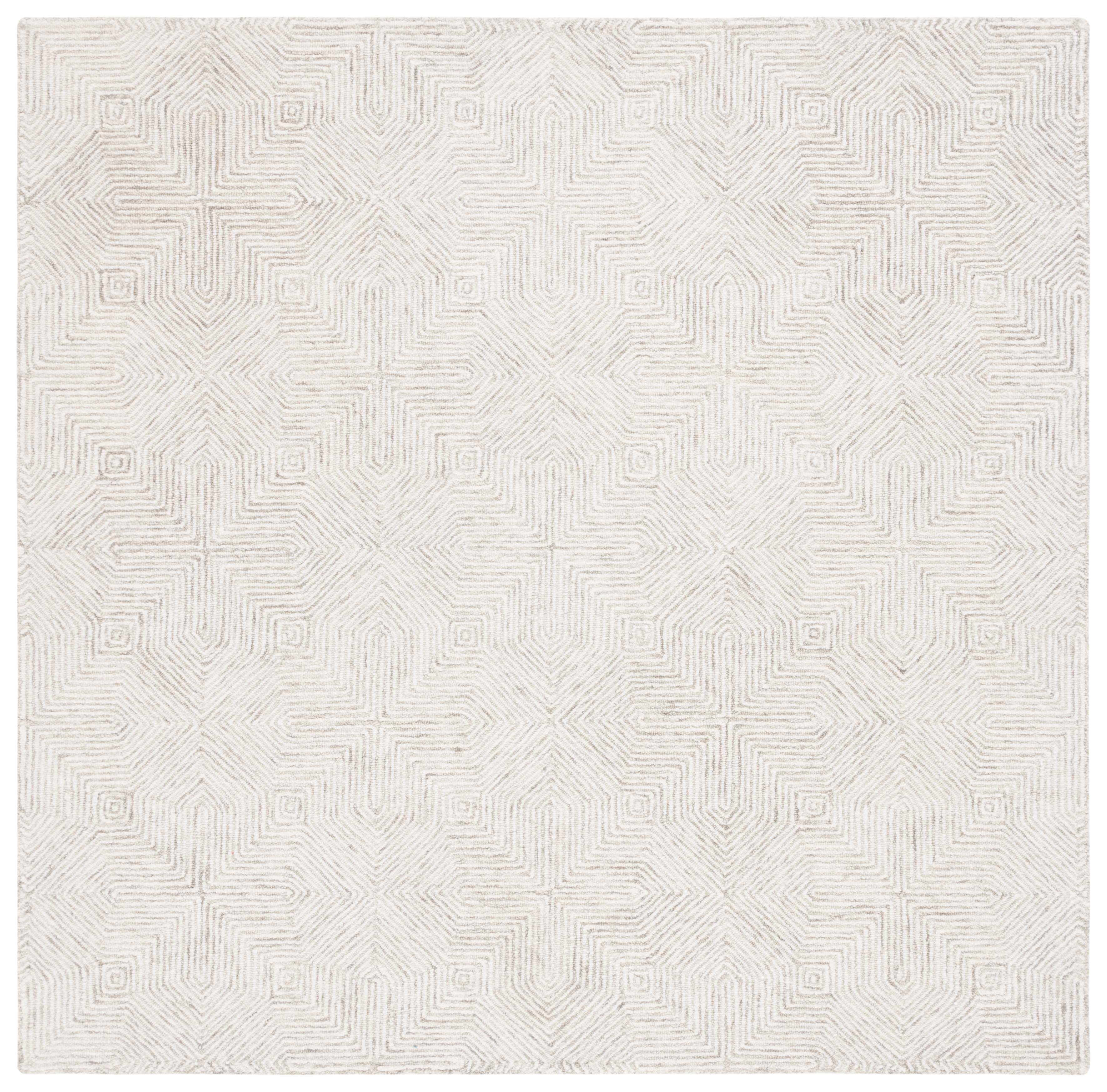 Gray and Ivory Geometric Tufted Wool Square Area Rug, 6' x 6'