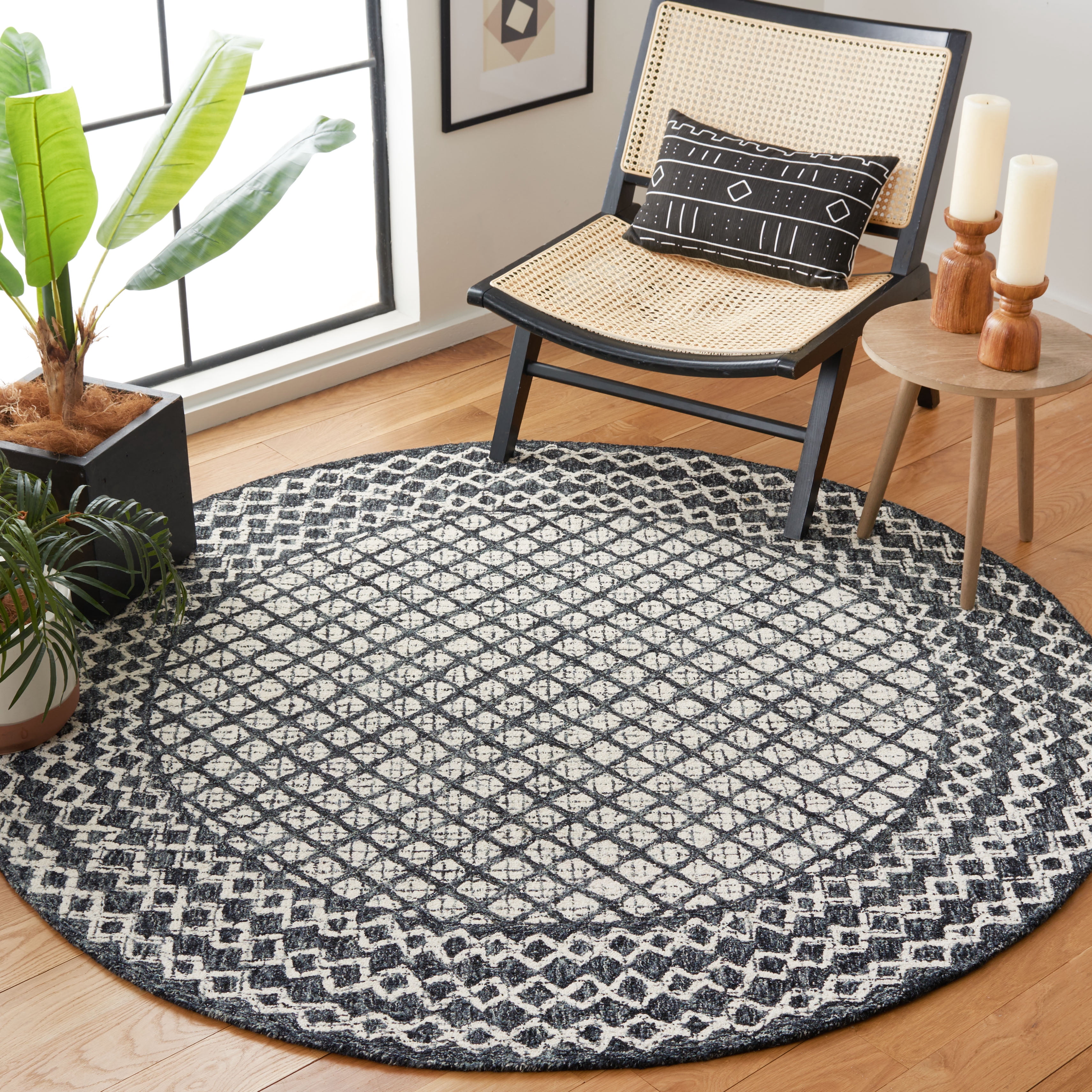 SAFAVIEH Abstract Ryder Abstract Wool Area Rug, Ivory/Navy, 6' x 6' Round