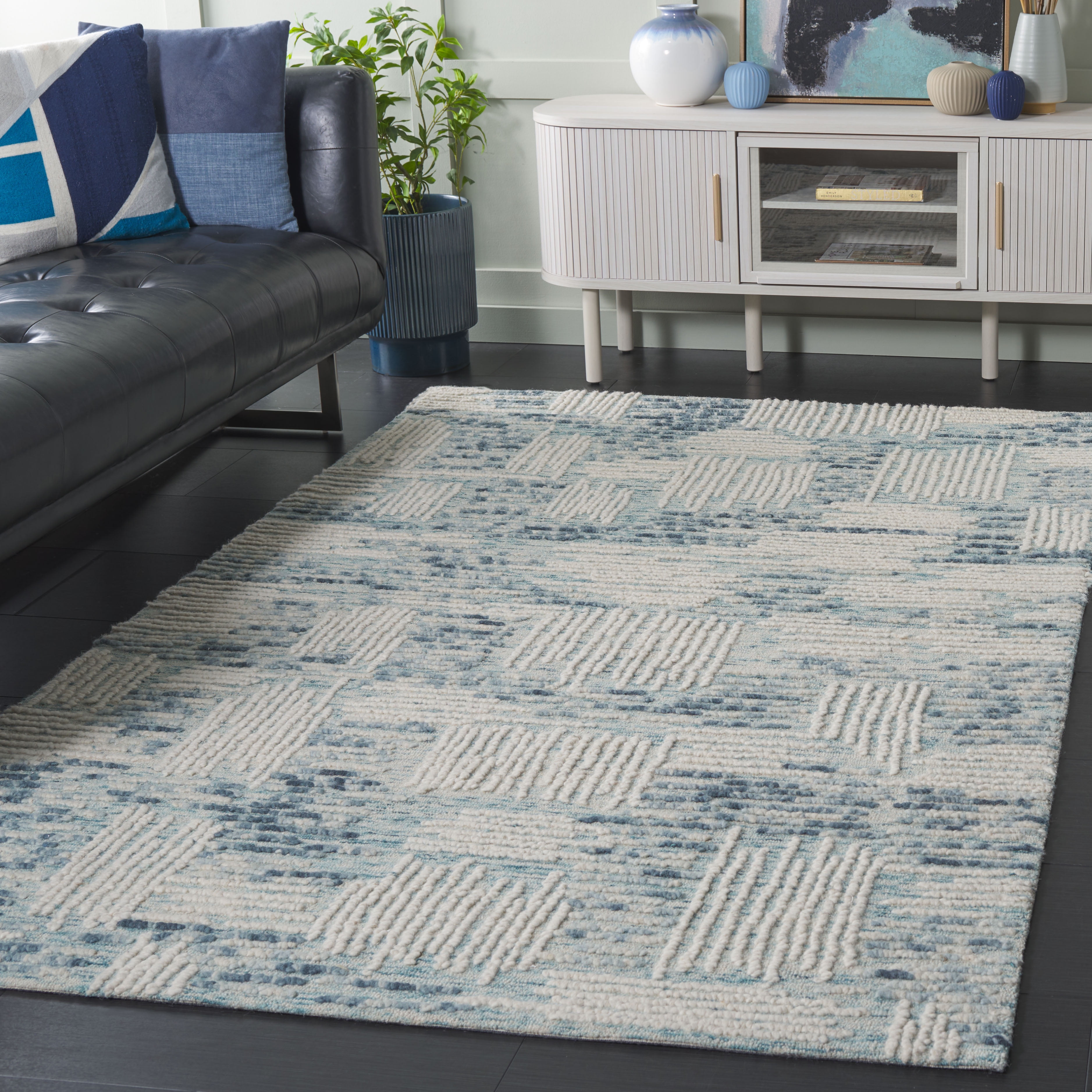 SAFAVIEH Abstract Salma Striped Geometric Area Rug, Blue/Ivory, 6' x 6' Square