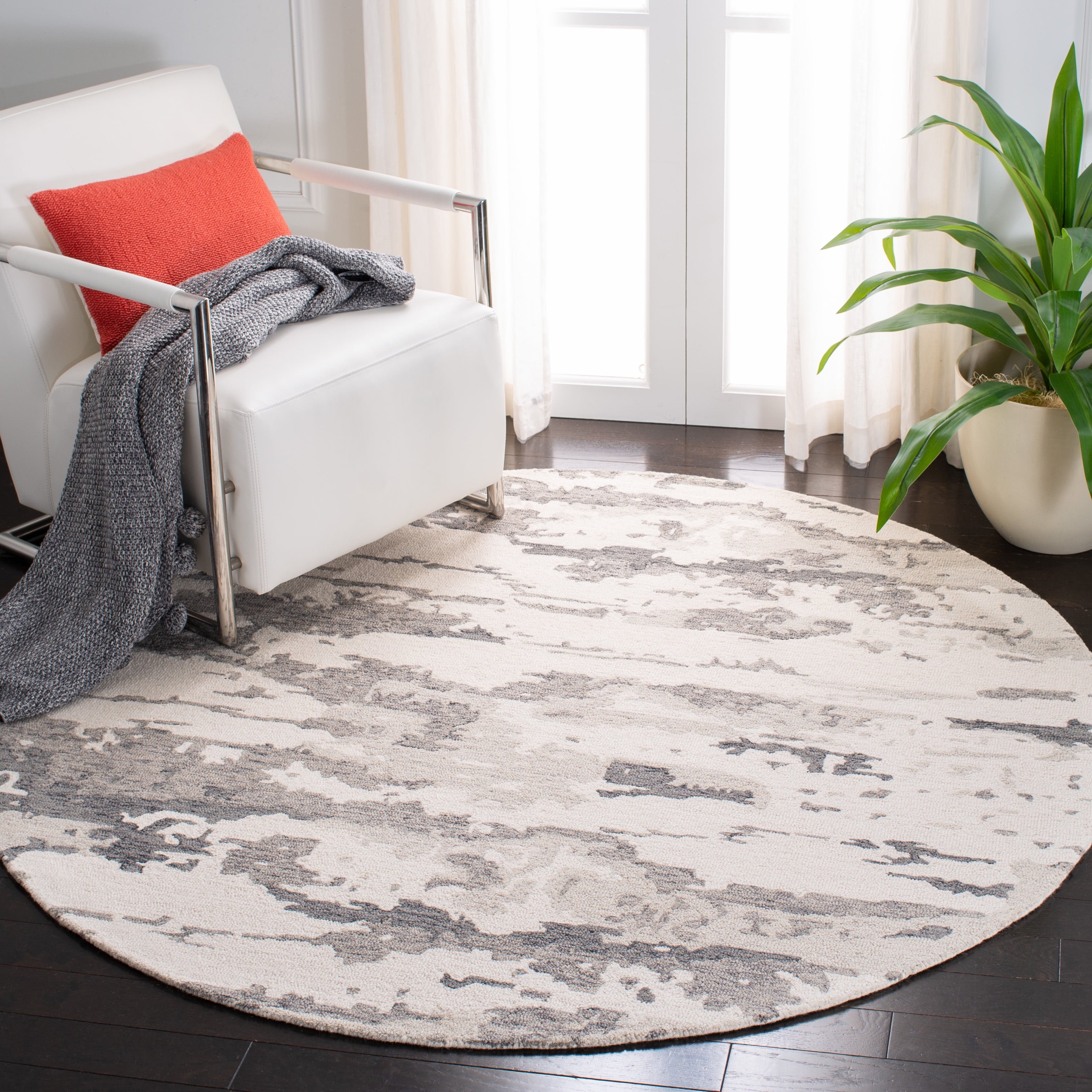 SAFAVIEH Abstract Seachlann Abstract Wool Area Rug, Charcoal/Ivory, 8' x 8' Round