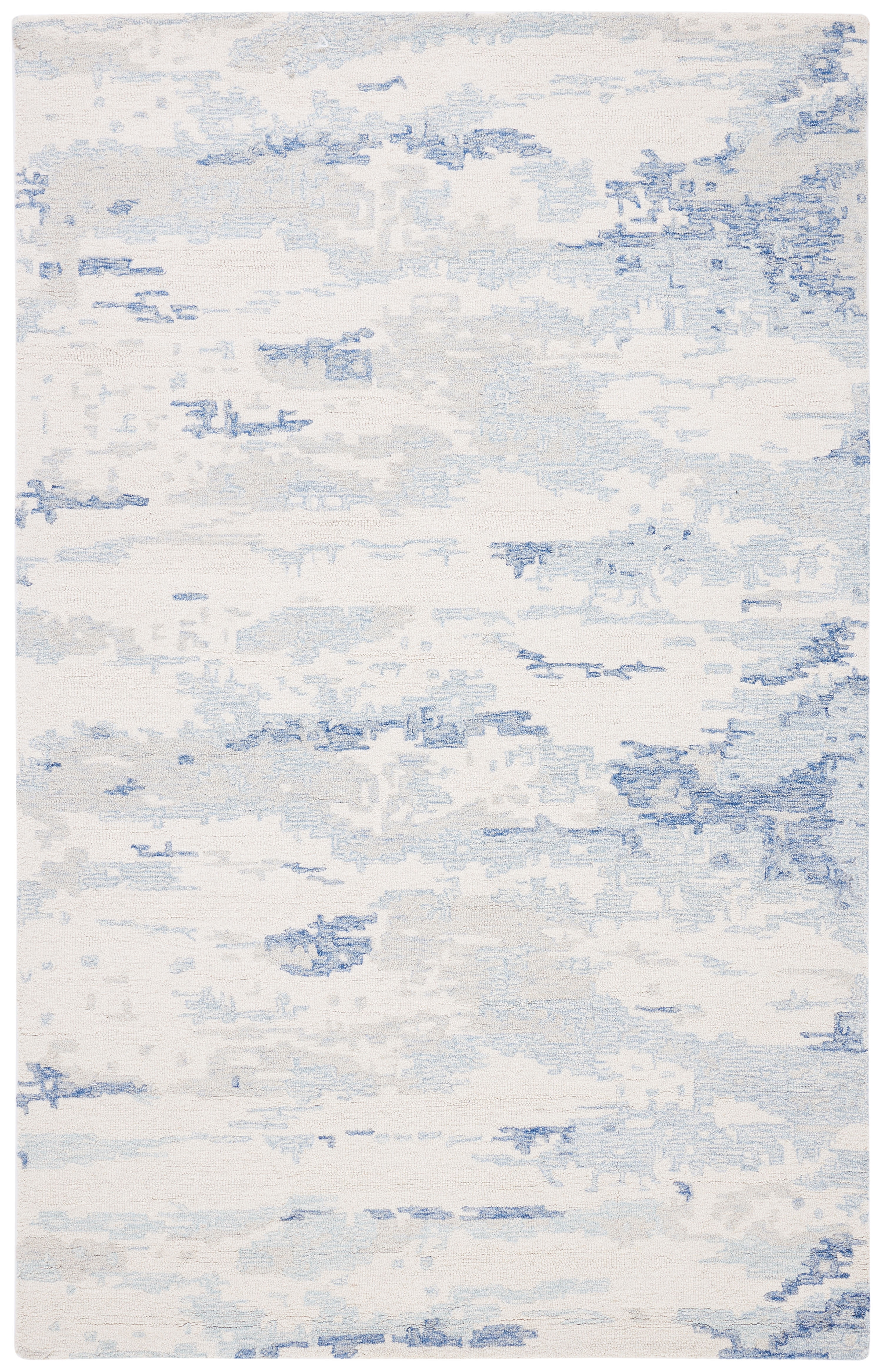 Ivory and Blue Handmade Wool Abstract Area Rug