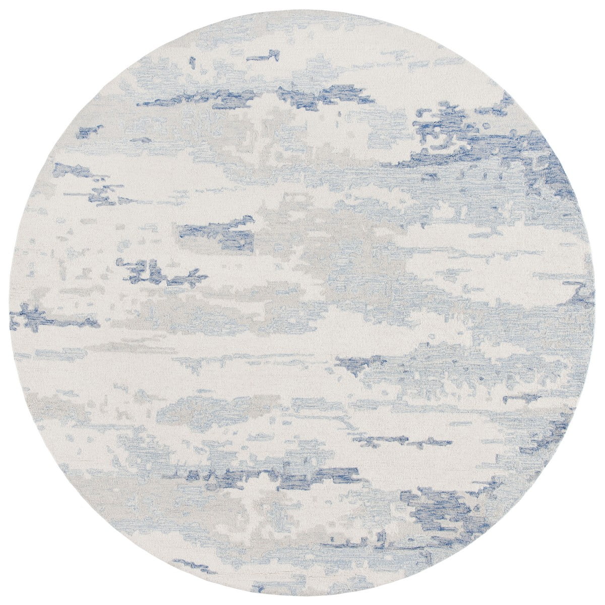 Ivory and Blue Round Hand-Tufted Wool Abstract Rug