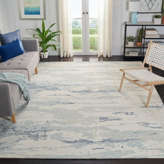SAFAVIEH Abstract Seachlann Abstract Wool Area Rug, Ivory/Blue, 9' x 12'