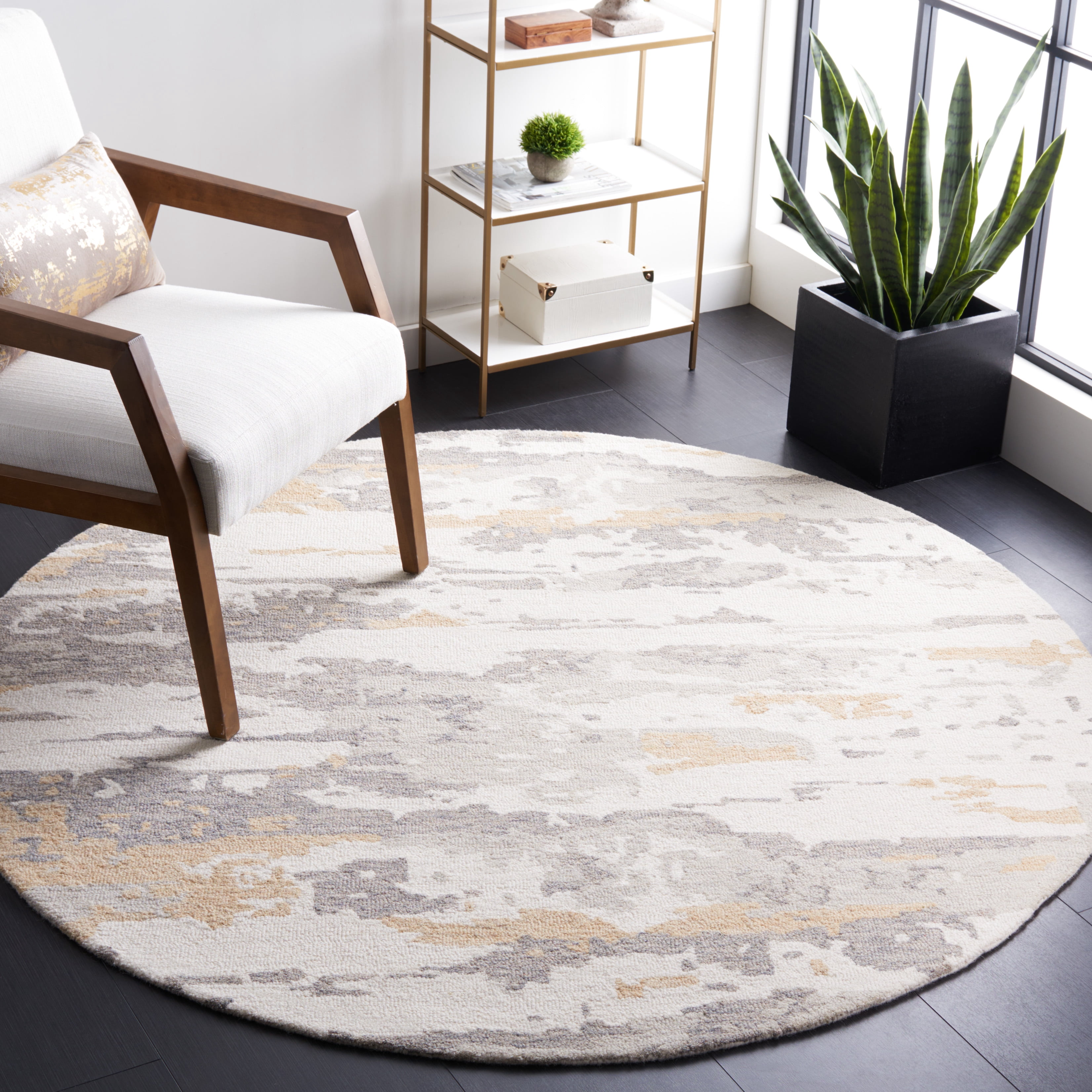 SAFAVIEH Abstract Seachlann Abstract Wool Area Rug, Ivory/Gray, 6' x 6' Round