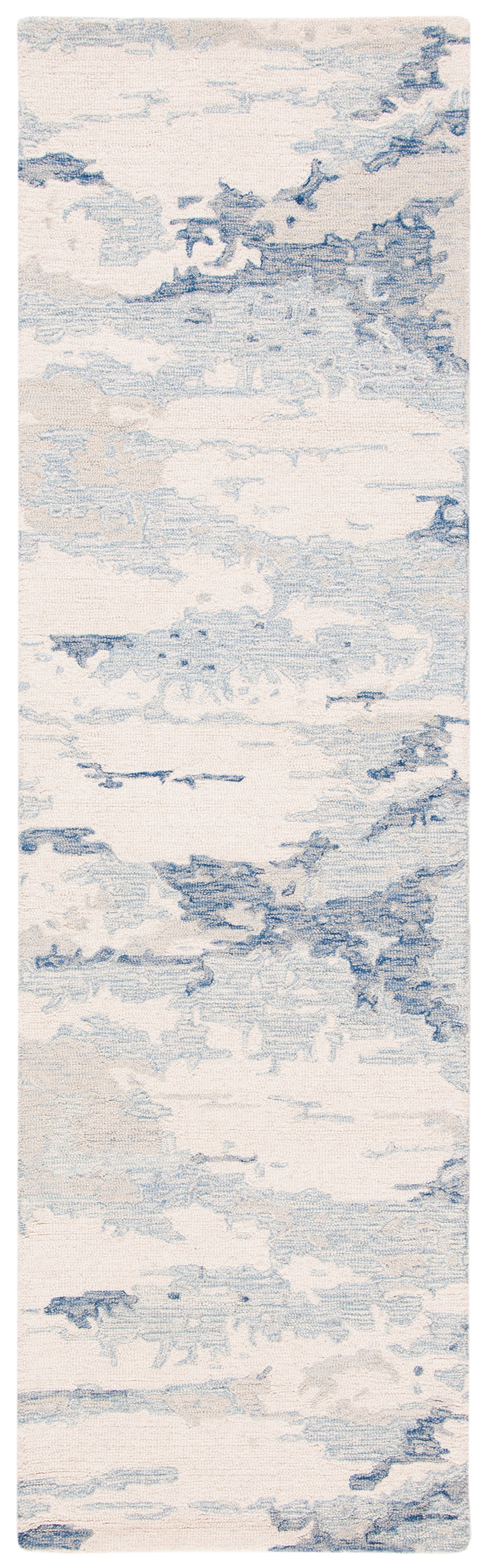 Hand Tufted Ivory and Blue Wool Runner Rug, 2'-3" x 18'