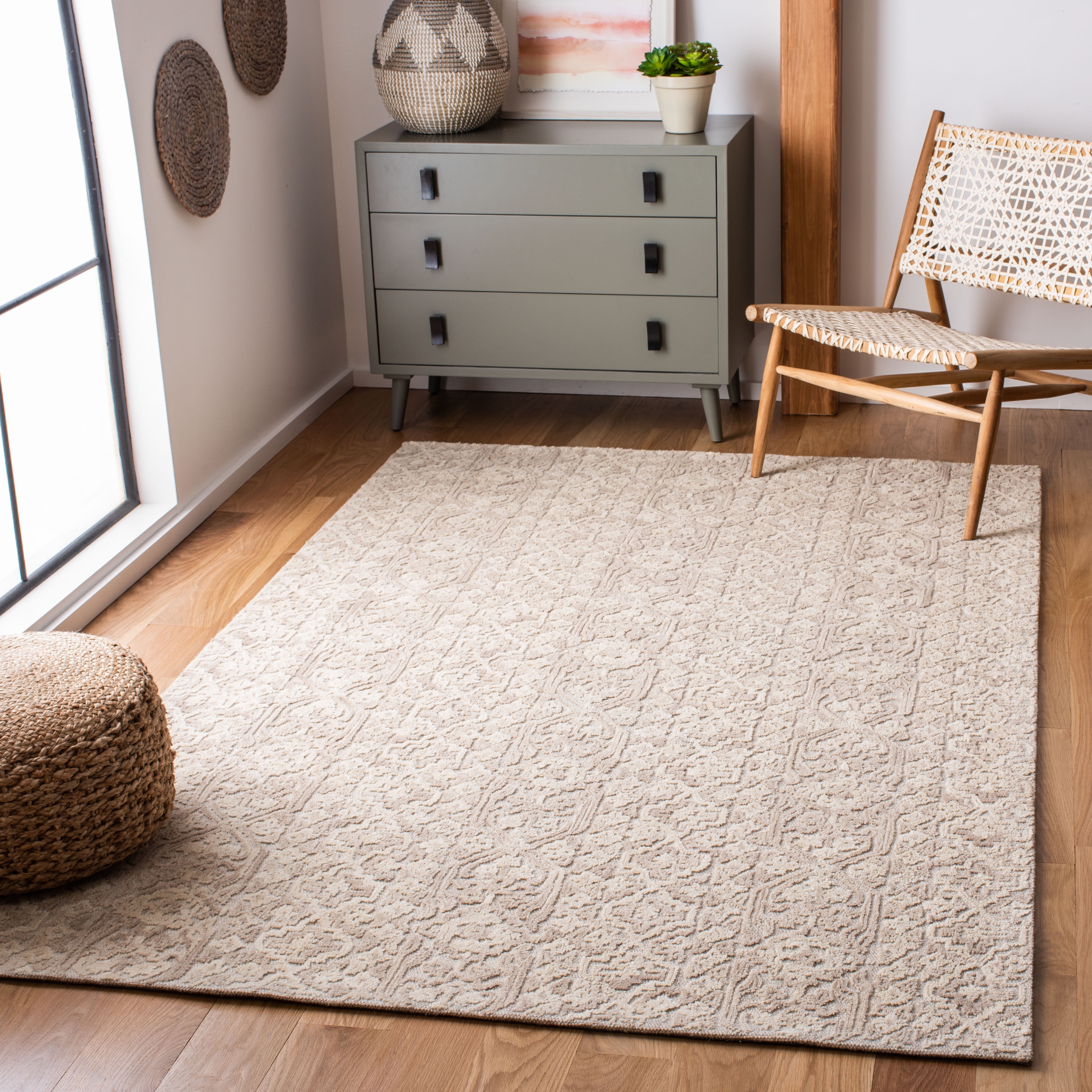 Beige and Light Brown Wool Abstract 4' x 6' Handmade Tufted Rug