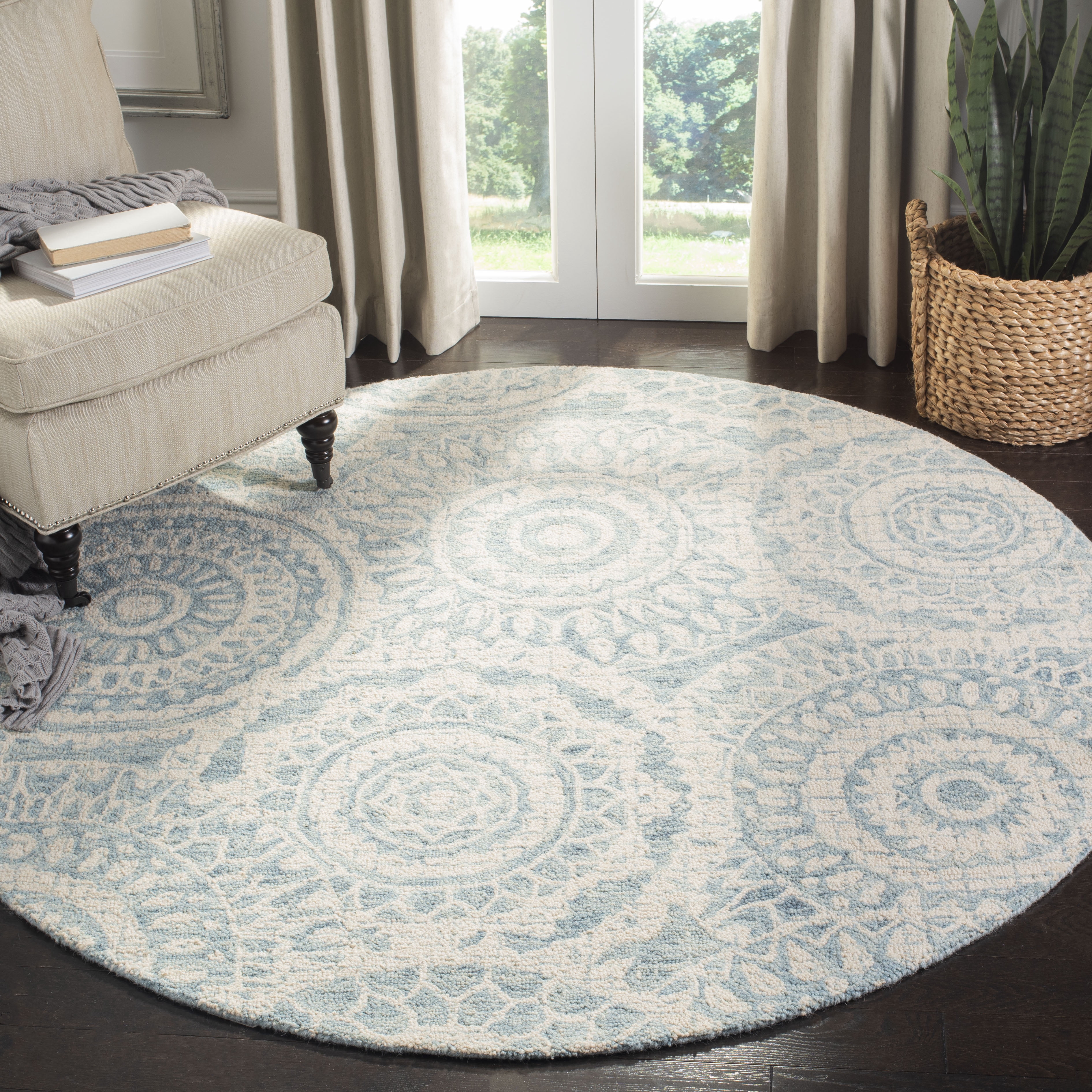 SAFAVIEH Abstract Tobon Geometric Circles Area Rug, Ivory/Blue, 6' x 6' Round