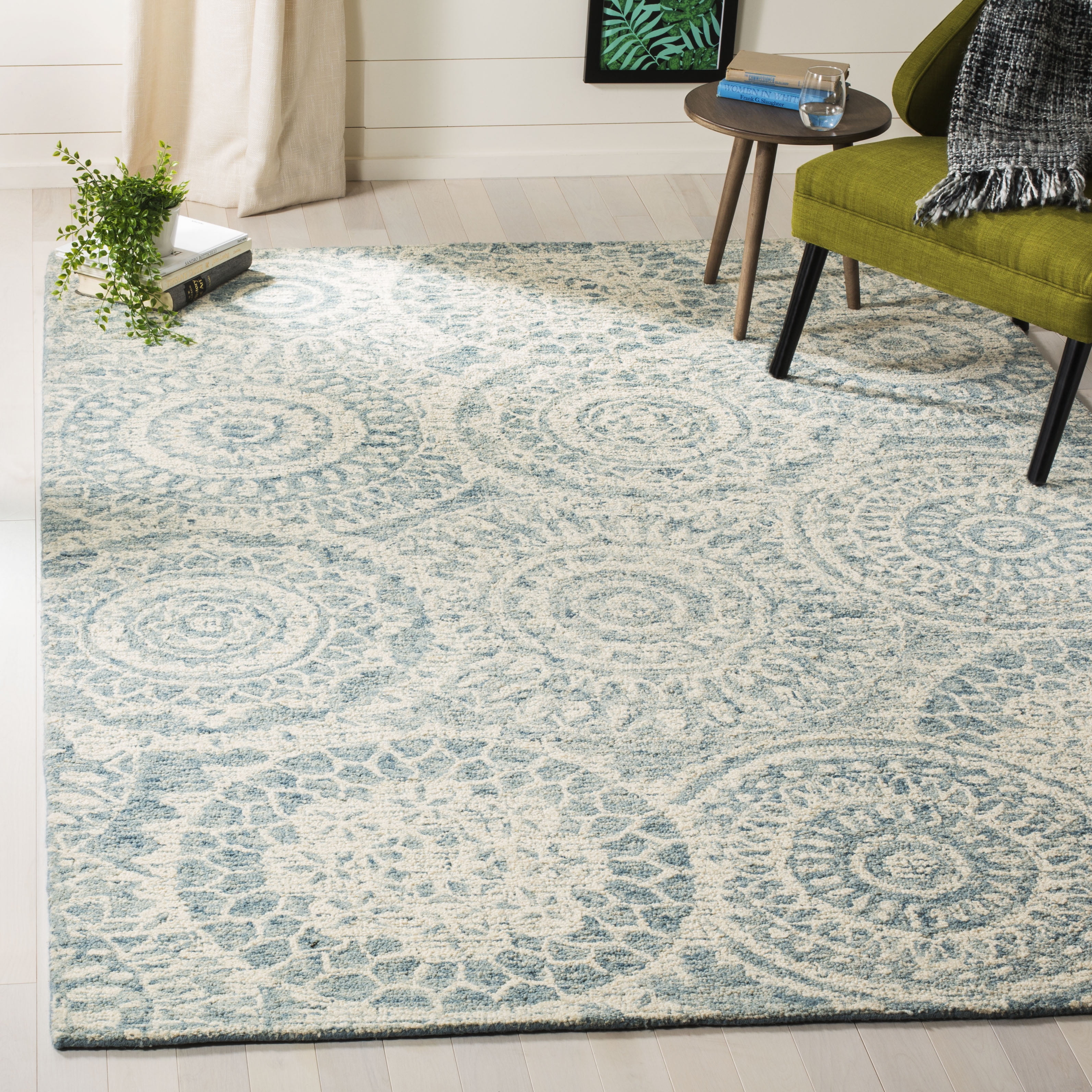 Handmade Abstract Blue & Ivory Square Wool Blend Rug - 6' x 6'