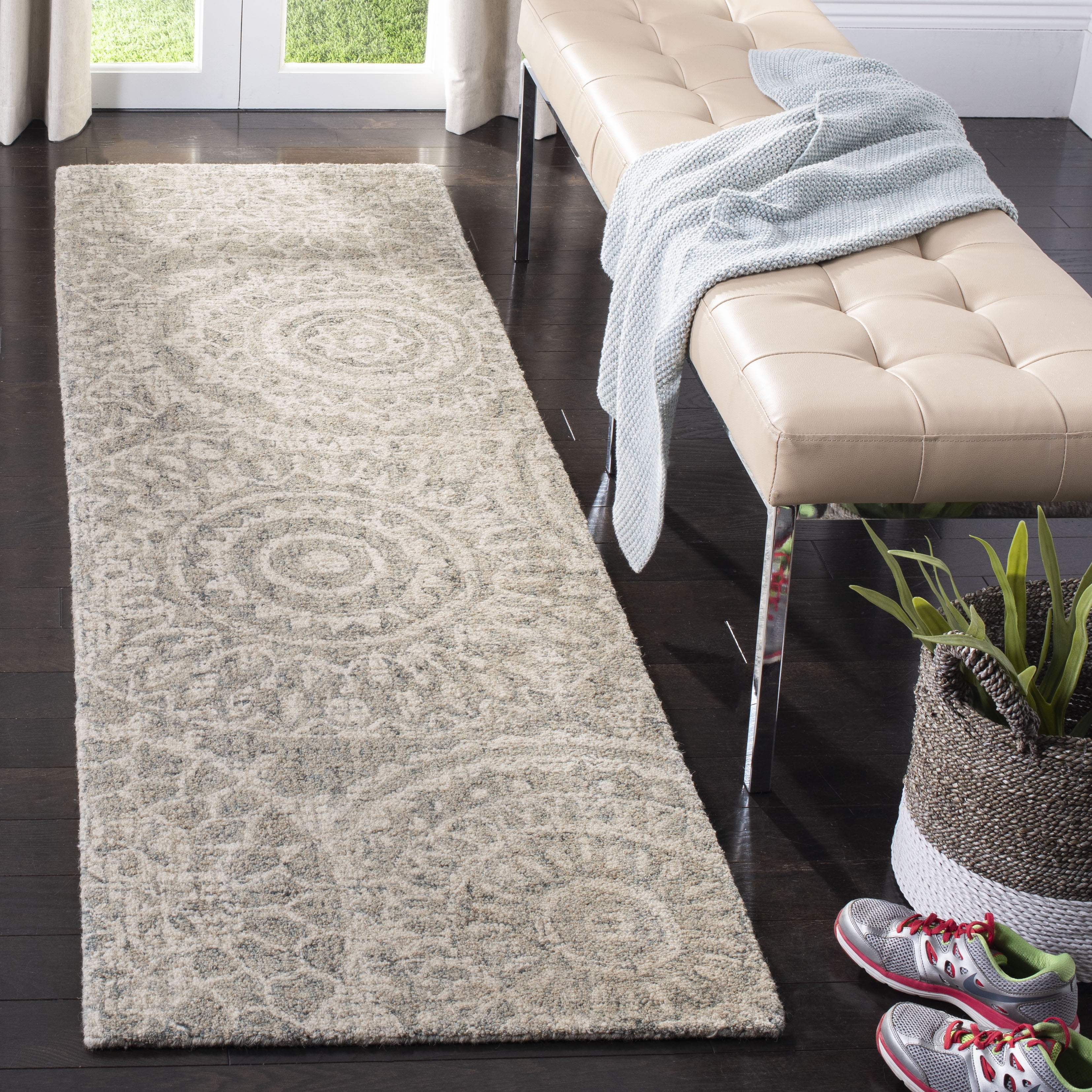 Ivory and Grey Hand-Tufted Wool Abstract Runner Rug