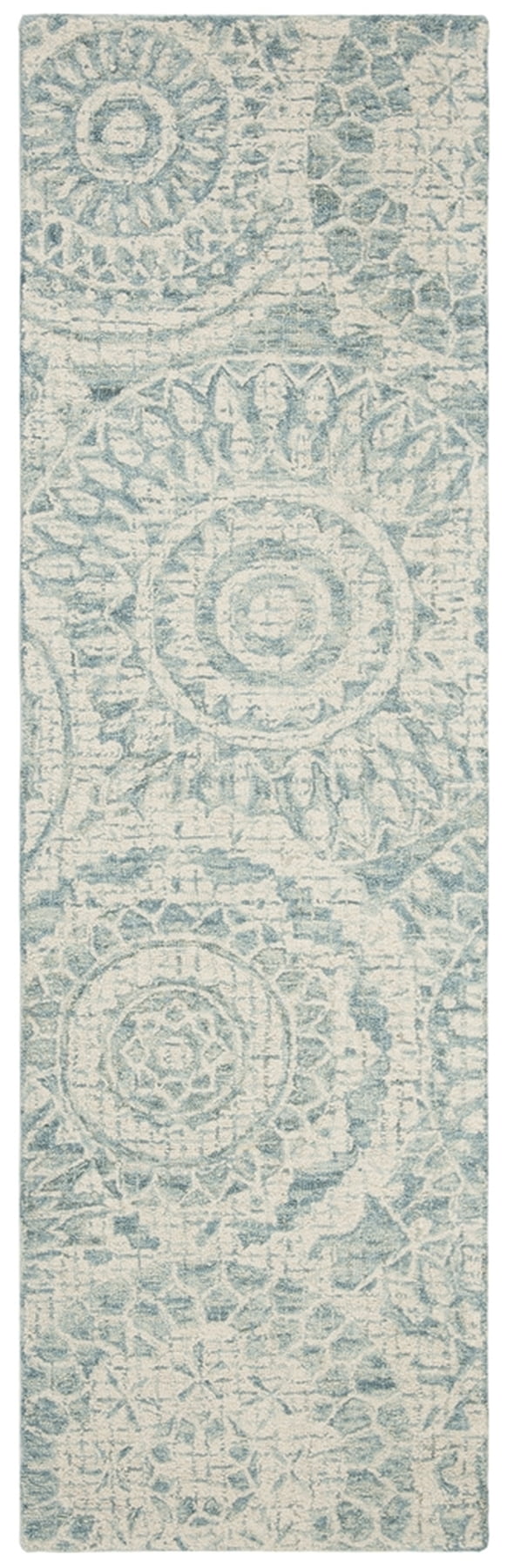 Ivory and Blue Handmade Tufted Wool Abstract Runner Rug