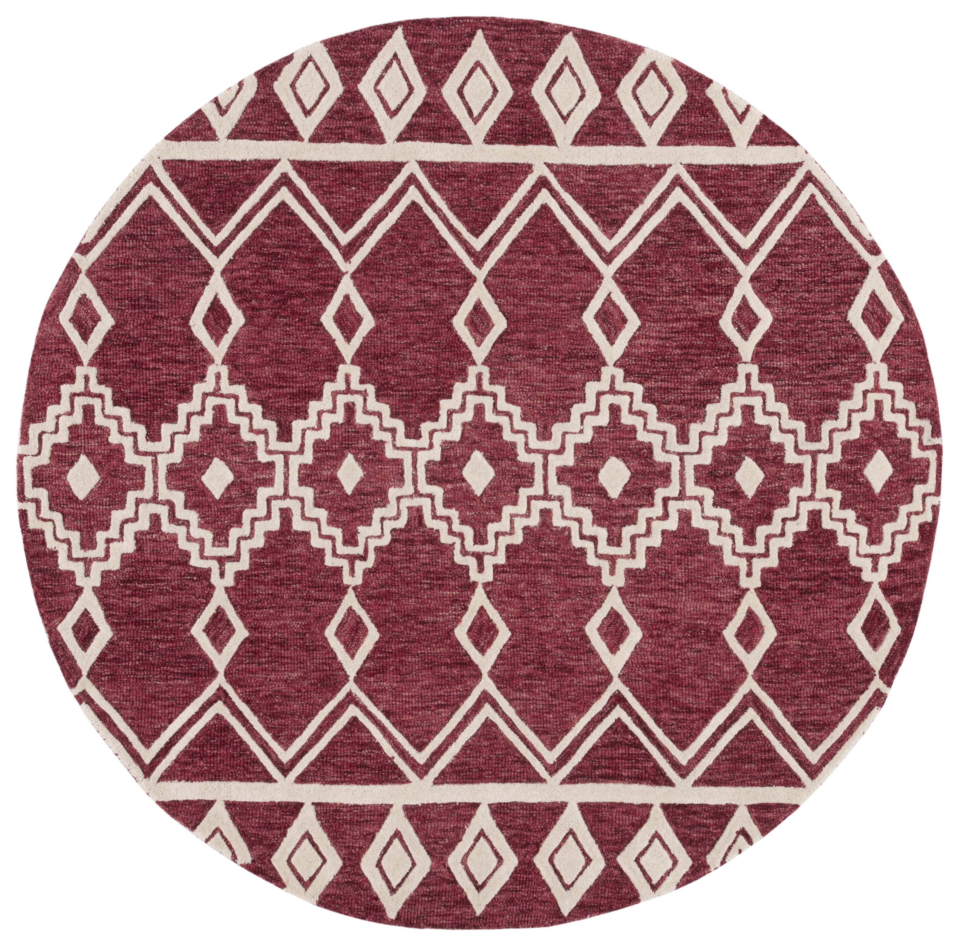 Handmade Red and Ivory Wool Abstract Round Rug, 6' x 6'