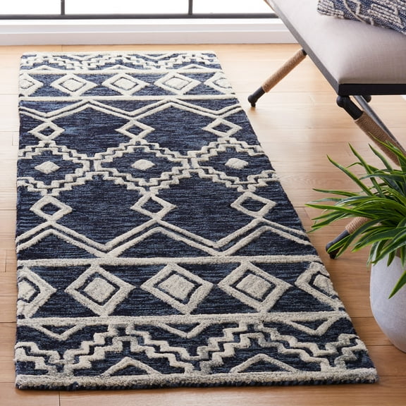 SAFAVIEH Abstract Torrey Geometric Wool Runner Rug, Navy/Ivory, 2'3" x 8'