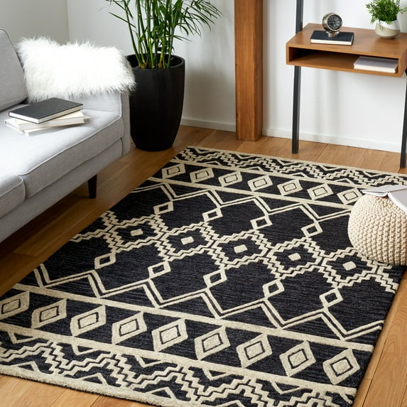 SAFAVIEH Abstract Torrey Geometric Wool Area Rug, Black/Ivory, 6' x 6' Square