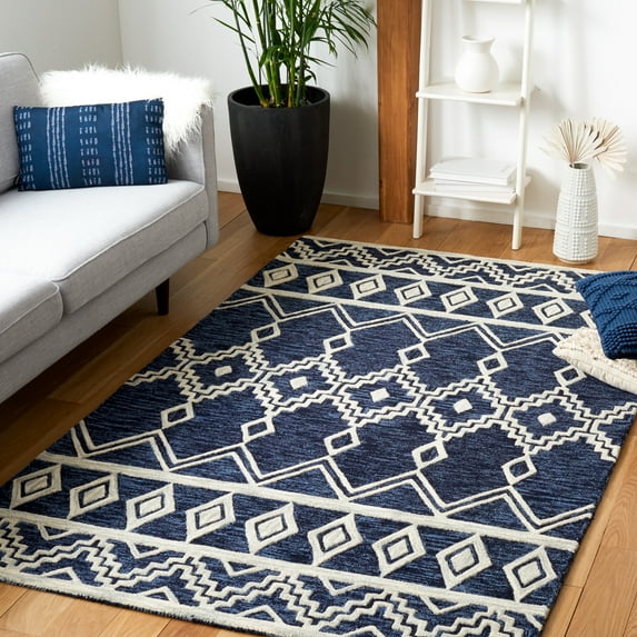 SAFAVIEH Abstract Torrey Geometric Wool Area Rug, Navy/Ivory, 6' x 6' Square