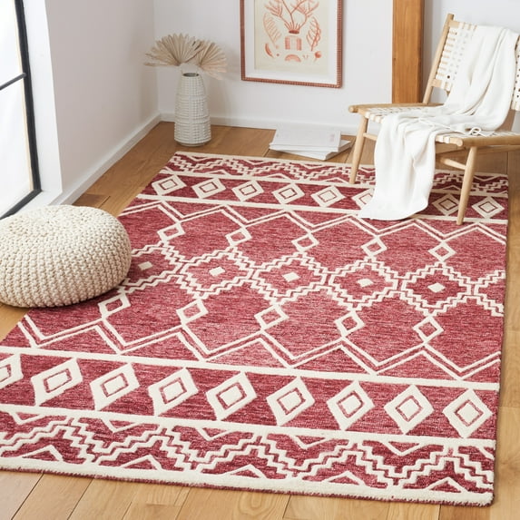 SAFAVIEH Abstract Torrey Geometric Wool Area Rug, Red/Ivory, 6' x 6' Square