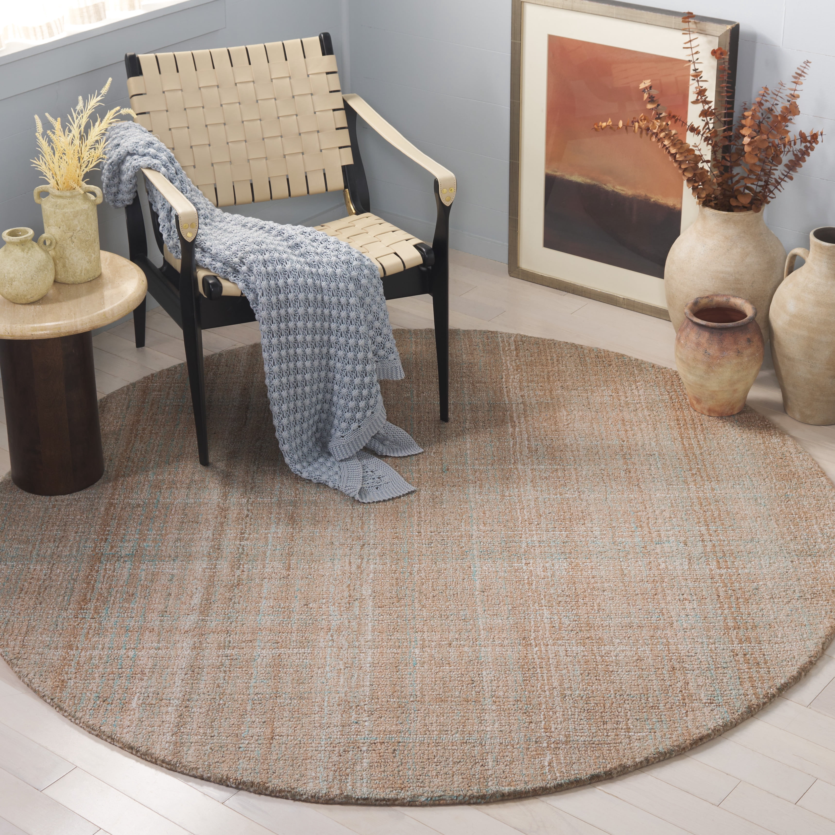 SAFAVIEH Abstract Yorick Striped Polyester Area Rug, Aqua/Brown, 6' x 6' Round