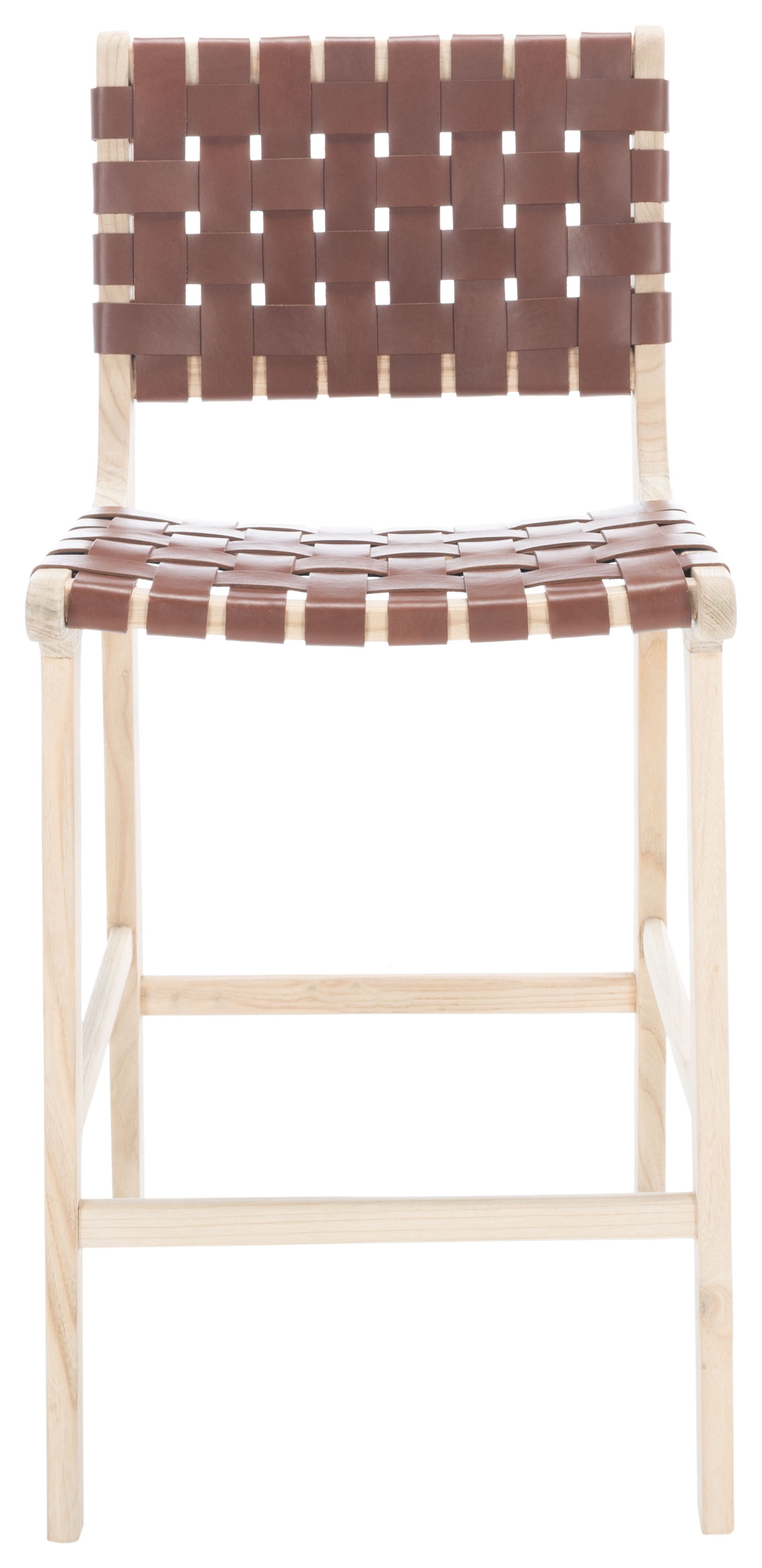 Cognac Leather and Natural Wood Counter Stool