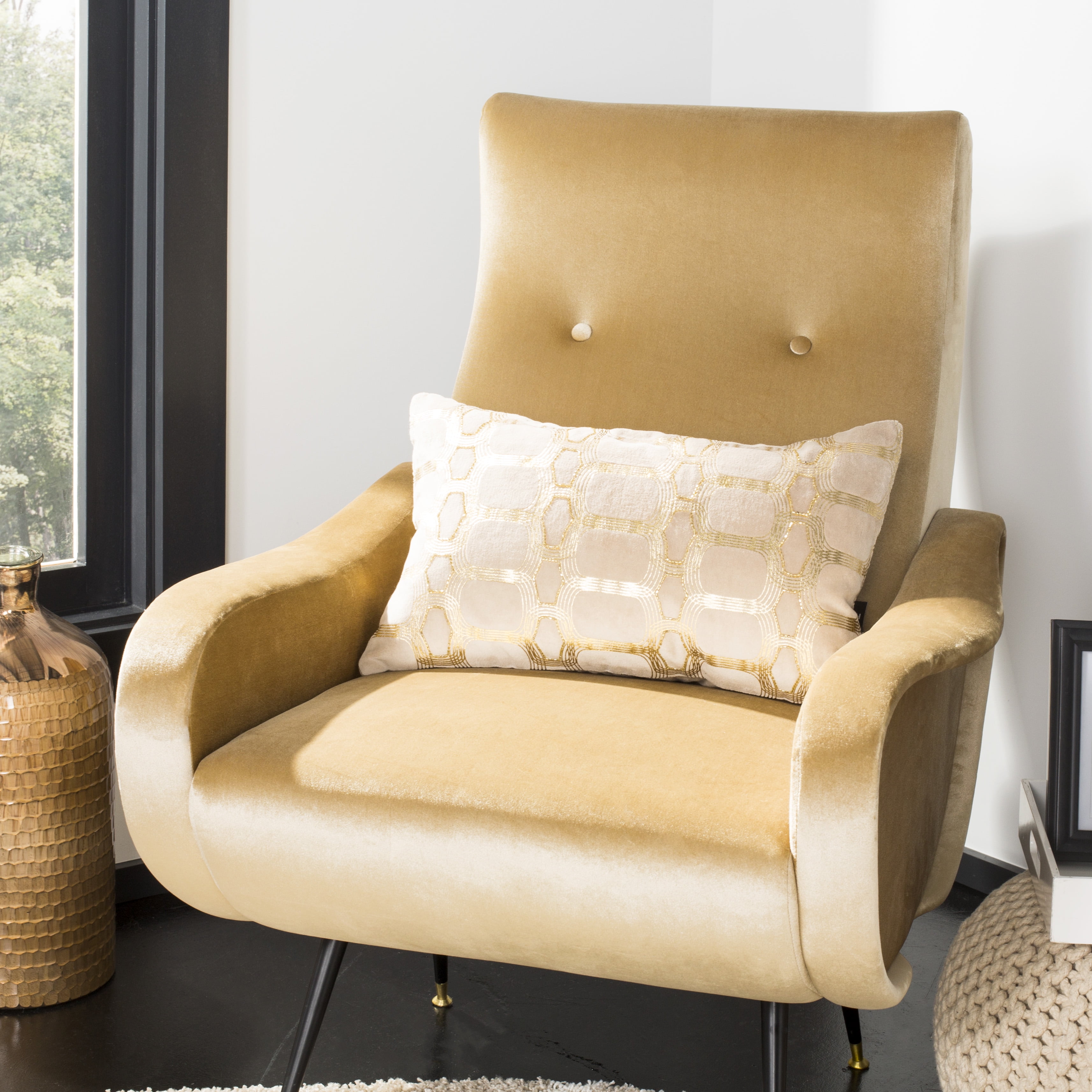 Adalie 12" x 20" Beige and Gold Geometric Cotton Pillow