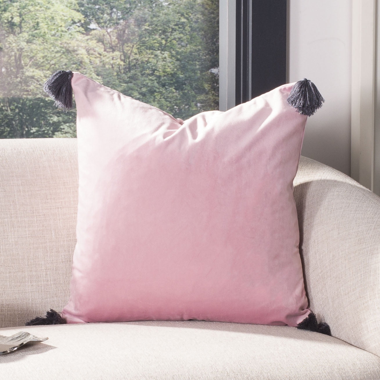 Adelina 18" Pink Plush Pillow with Black Tassels