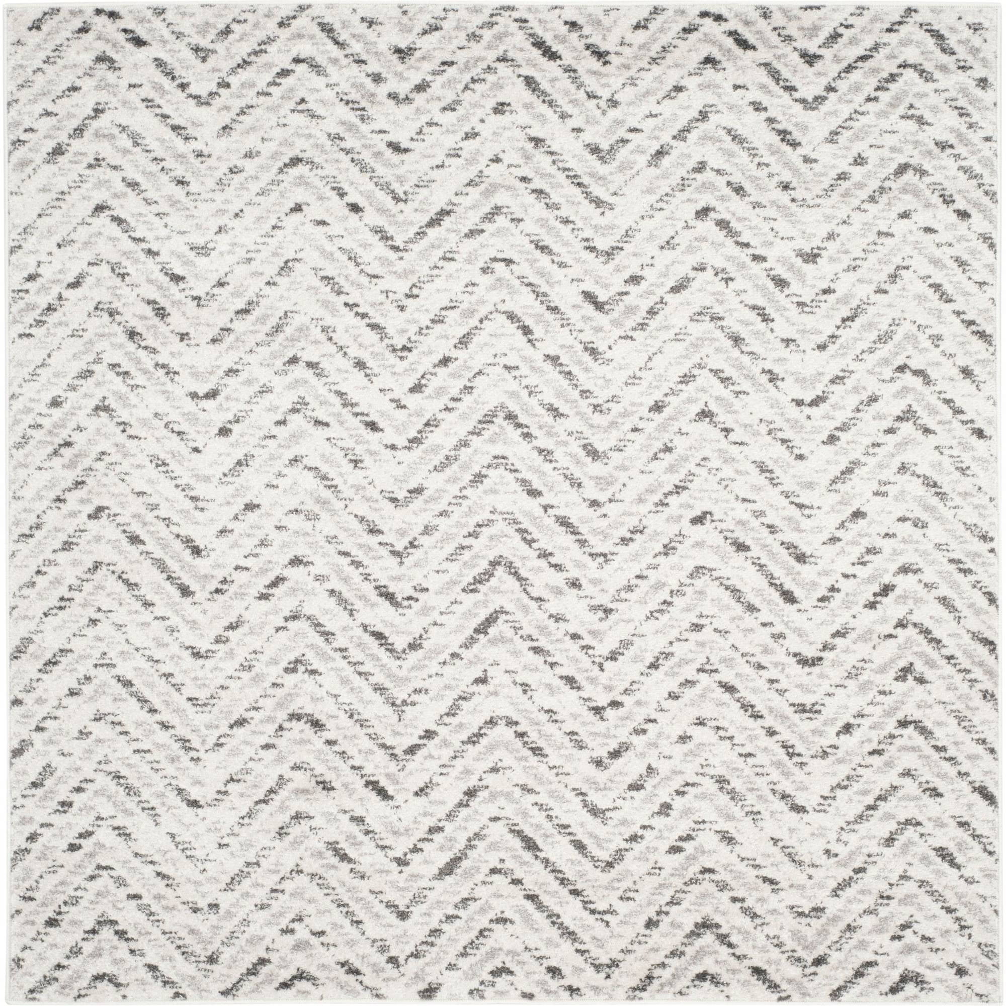 Chic Ivory Chevron 6' Square Synthetic Easy-Care Area Rug