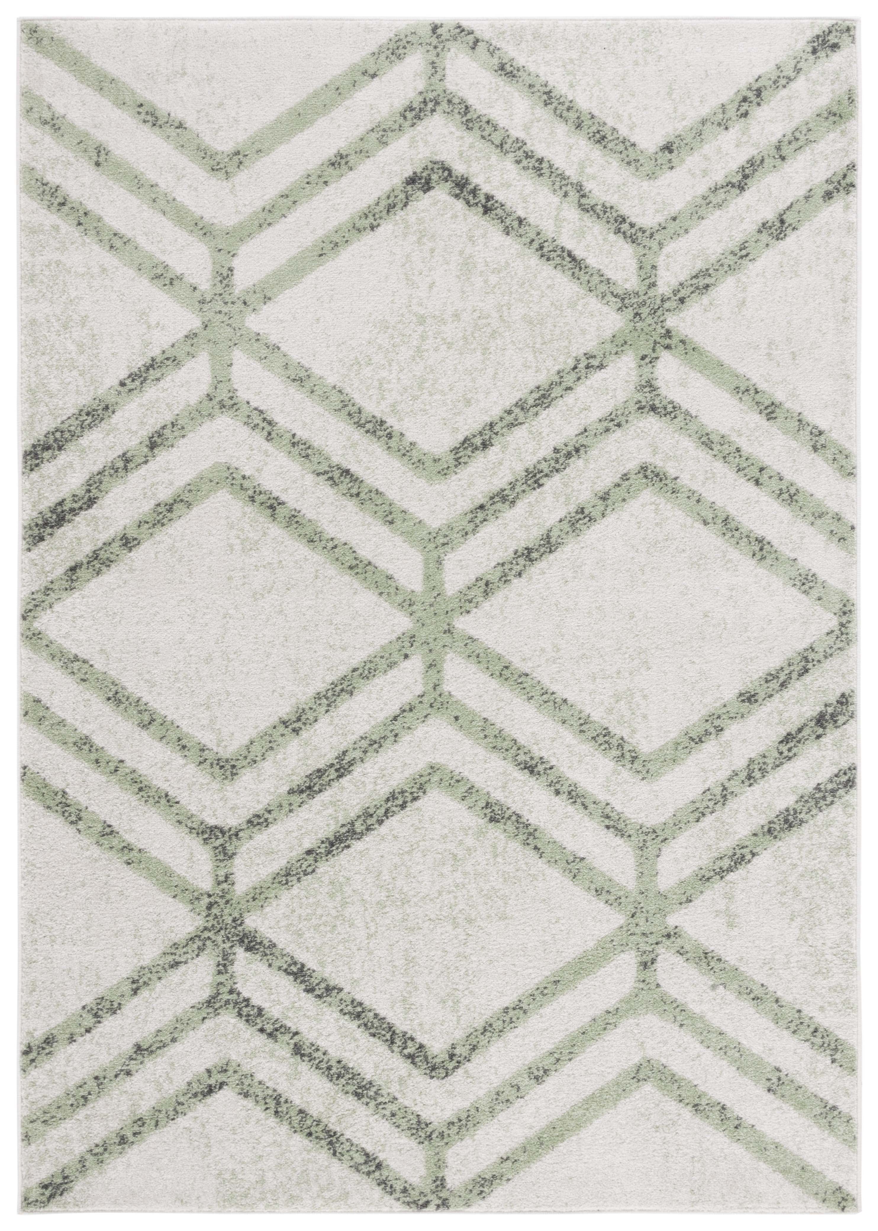 Ivory and Sage Geometric Hand-Knotted 6' x 9' Rug