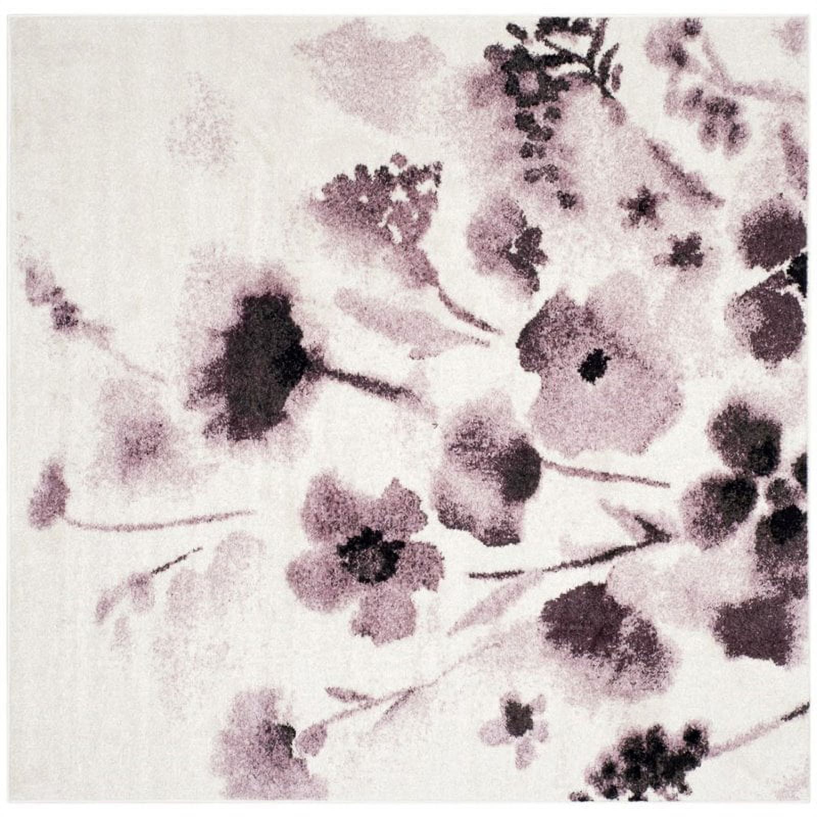 Ivory and Purple Floral Square Synthetic Area Rug